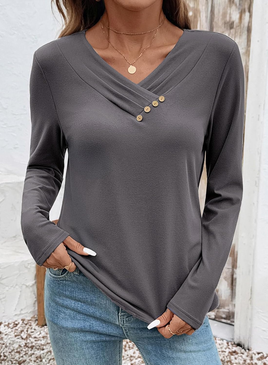 SHEWIN Women Long Sleeve Lightweight Tunic Tops Casual V Neck Pleated Button Warm Tee Shirts - Image 6