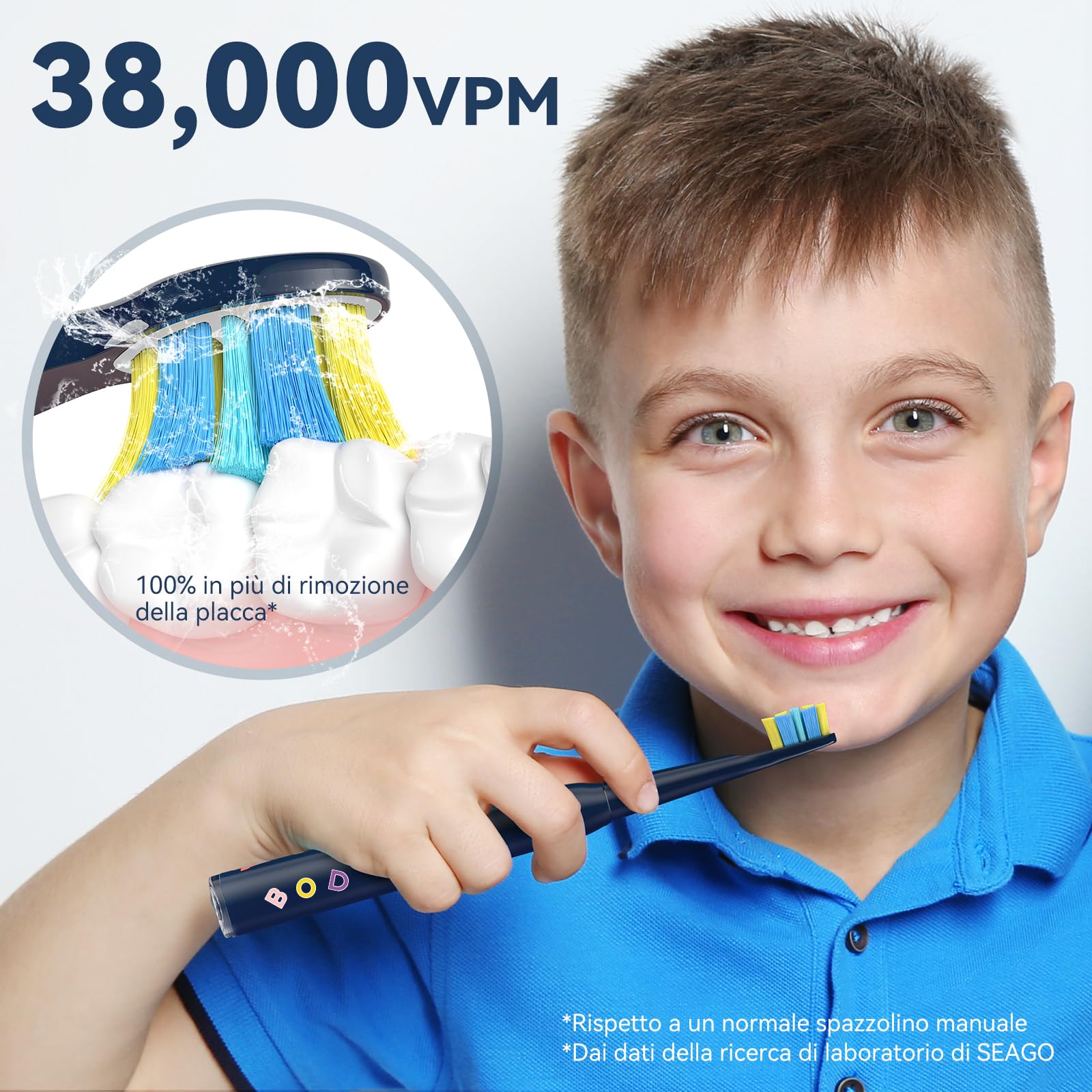 Seago Spazzolino Elettrico Bambini 6-12 Anni, Spazzolini Elettrici per Bambini Con Adesivi Fai Da Te Divertenti, Timer Da 2 Minuti, 4 Testine Spazzolino Bambini,Impermeabile IPX7 SG-2303, Blu