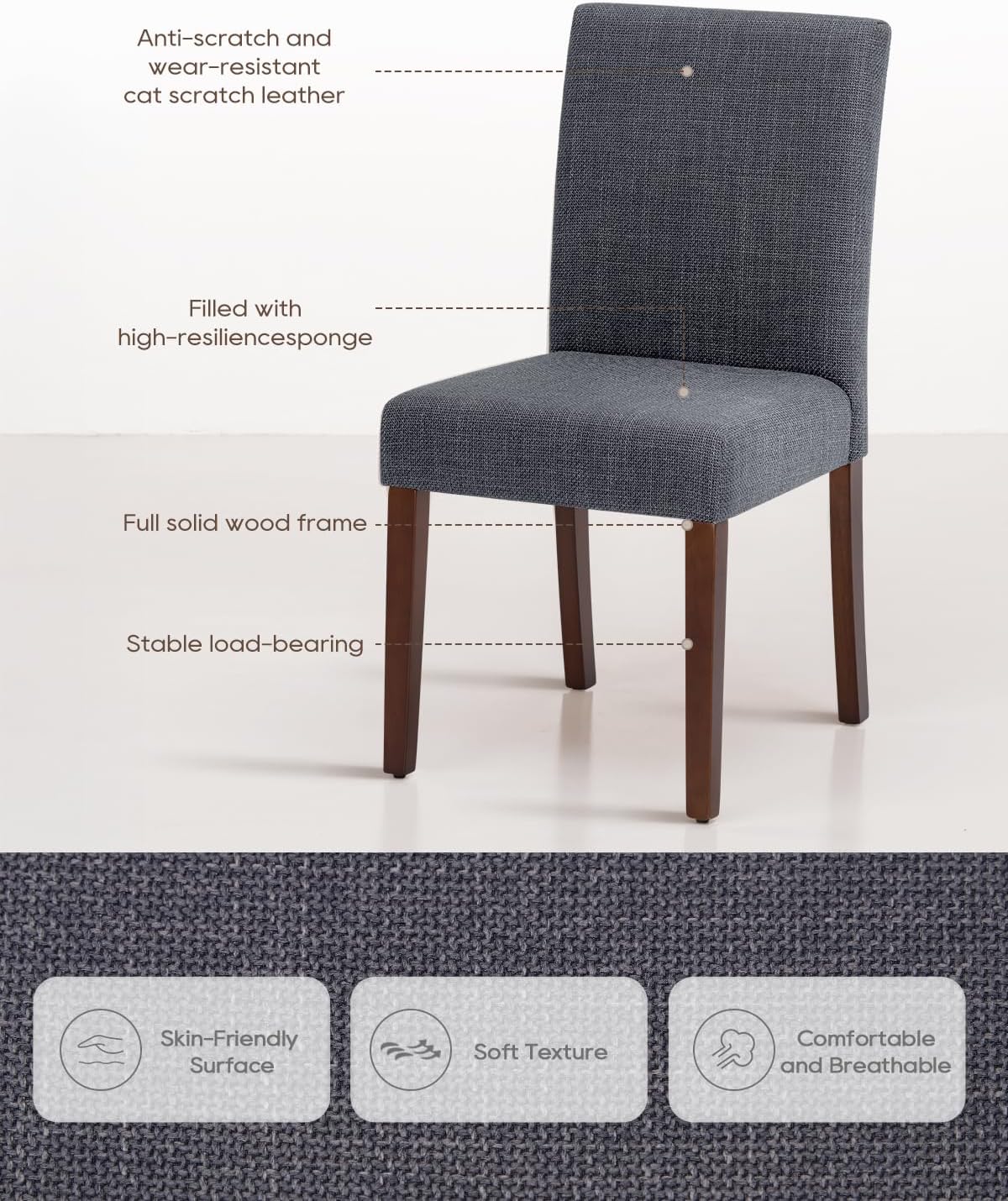 Upholstered Dining Chairs Set of 4 - Line Fabric Modern Farmhouse Kitchen Chairs,Mid-Back Dining Room Chairs with Wooden Legs