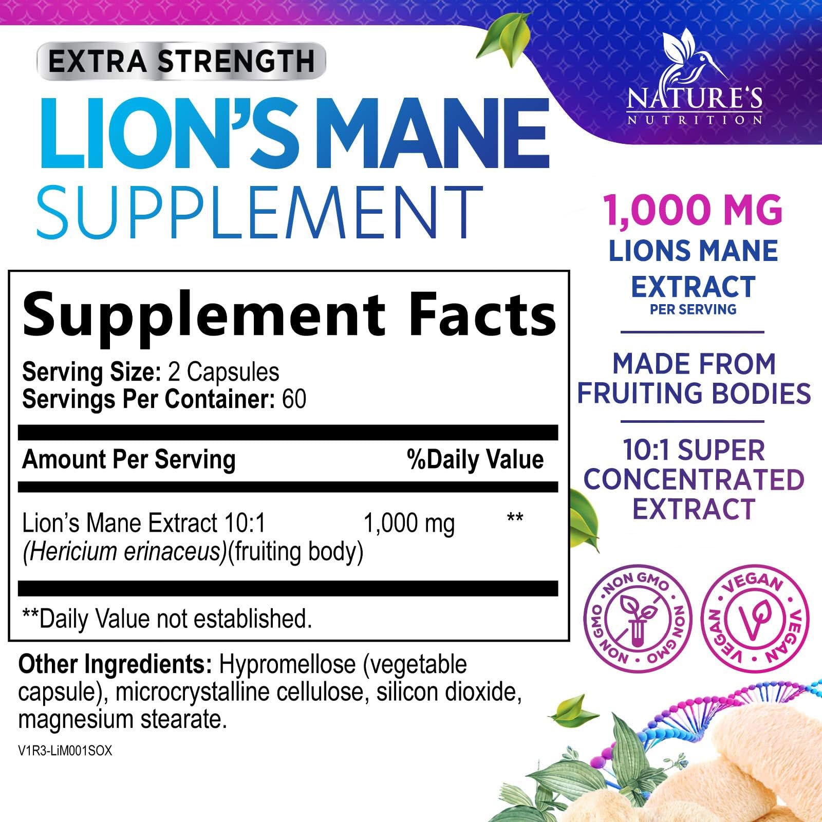 Lion's Mane Mushroom Supplement - Extra Strength Lions Mane Extract - Natural Memory & Focus Support - Brain & Immune Health Support - Vegan LionsMane Mushroom Powder - Bottled in USA - 120 Capsules — Amazon image 2