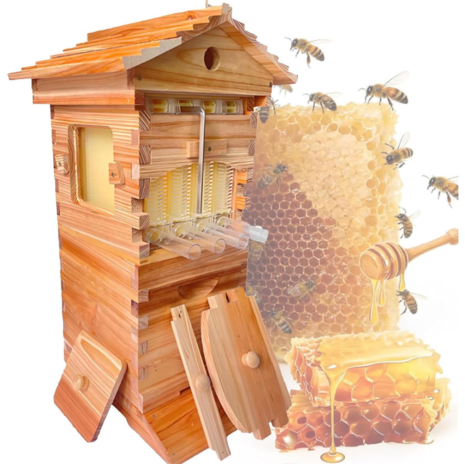Compact Selfflow Bienenstock Starter Kit, Automatische Holzstockbox mit Beobachtungsfenster für Anfänger Imker, Kleiner Garten