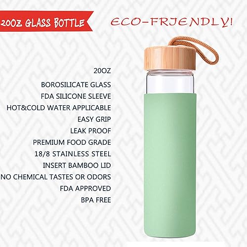 Miniatura 2 de Botella de agua de vidrio de borosilicato de 20 onzas con tapa de bambú y funda de silicona, reutilizable, sin BPA, botella de vidrio con tapas,
