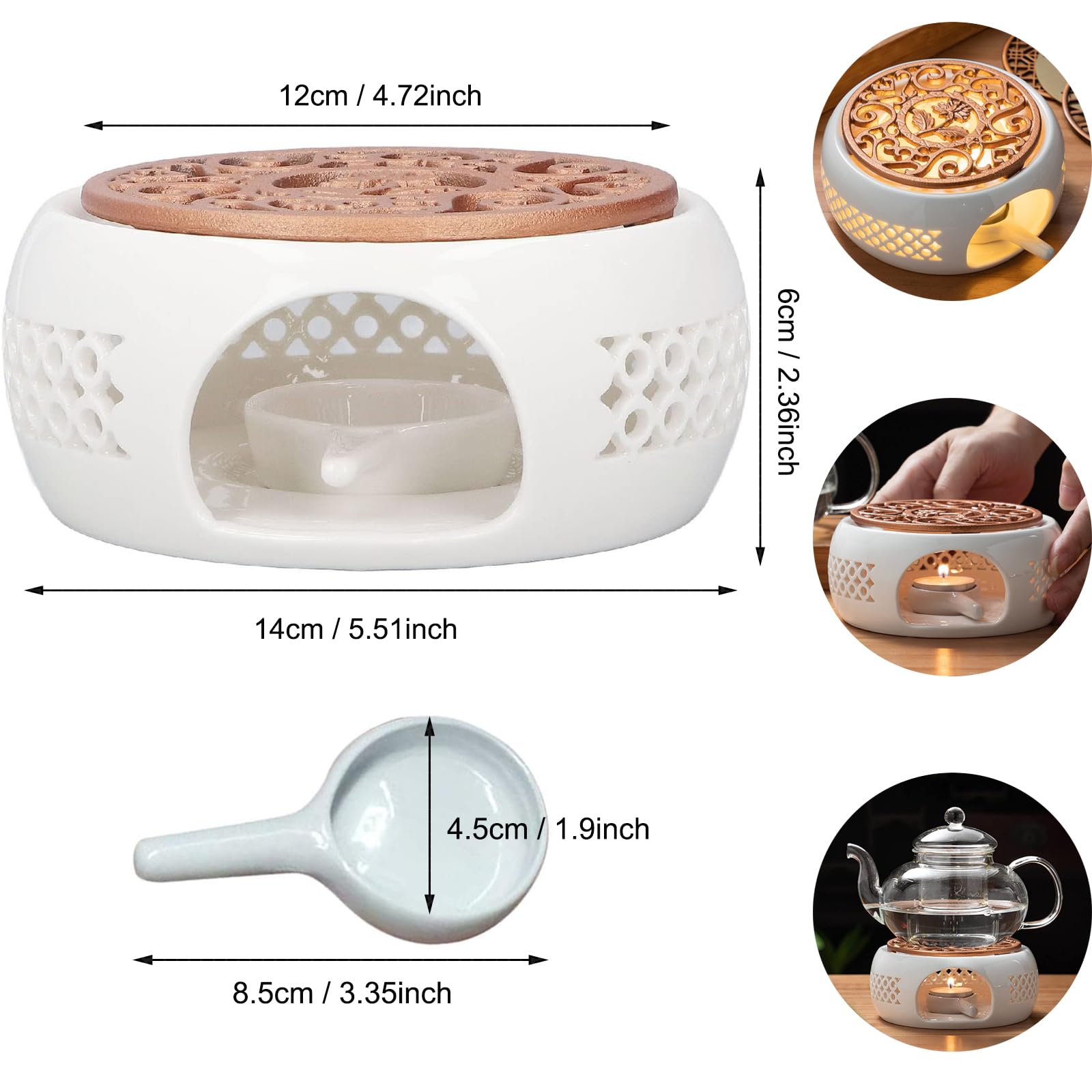 Calentador de Tetera Porcelana Calentador de Té Cerámica con Cuchara y Estufa Tapete Base Calentadors de Café de Diseño Tallado Hueco para conservar el Calor Té Leche (Blanco)
