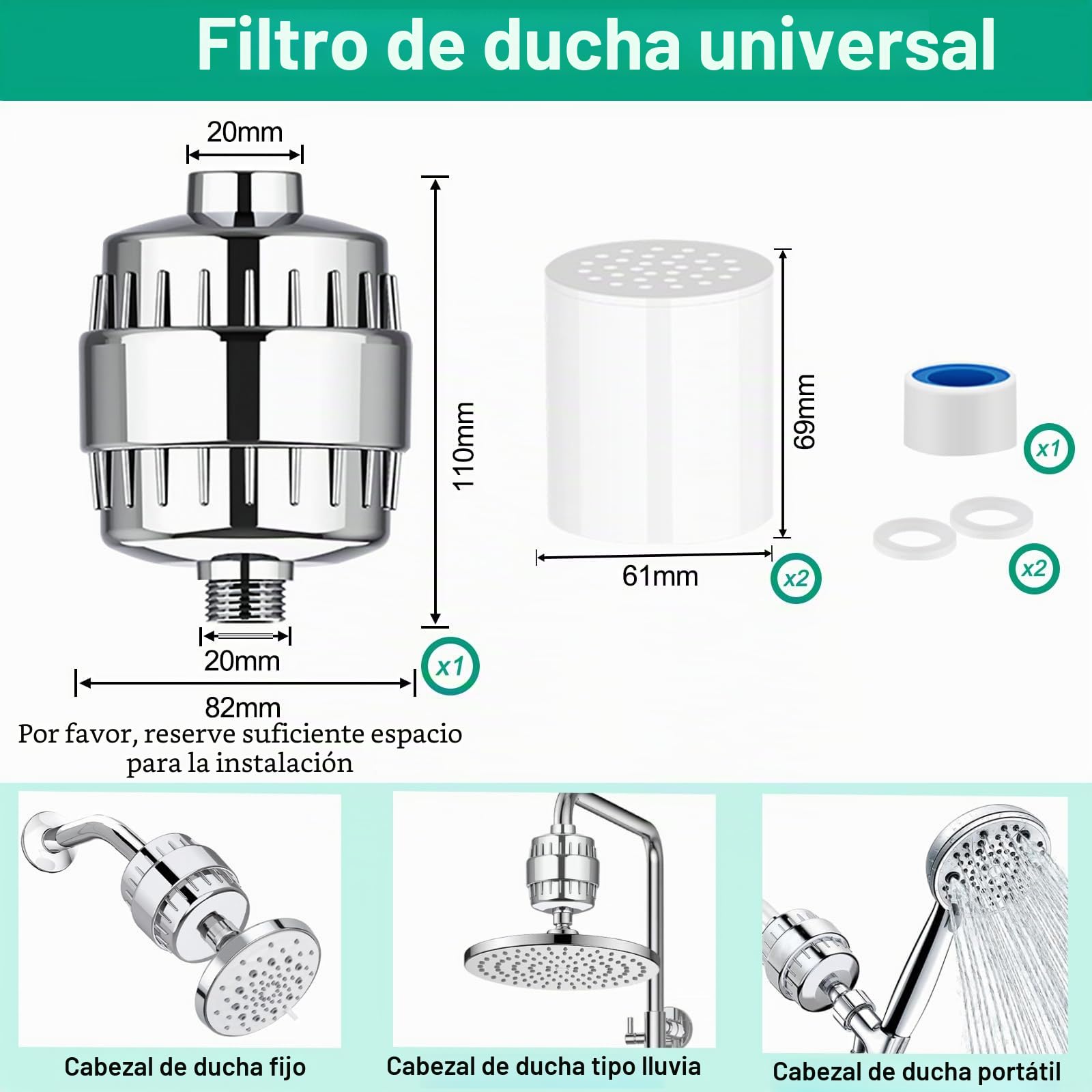 Filtro de ducha de 36 niveles con vitamina C E para agua dura, filtro de alcachofa de ducha con 2 cartuchos de filtro para eliminar cloro y metales pesados, mejora la salud de la piel y el