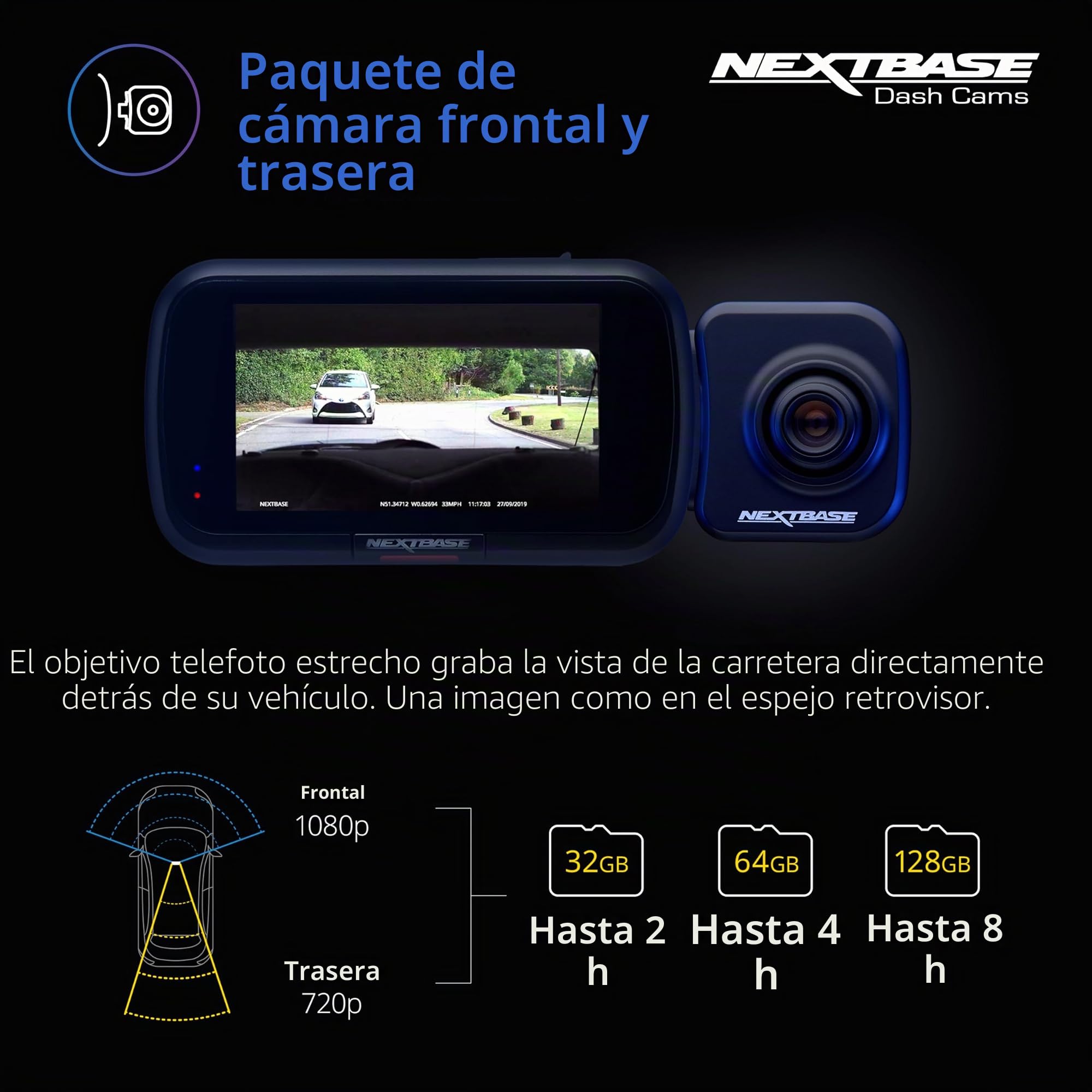Nextbase Dashcam 222X delantera + trasera | cámara trasera + 32 GB SD | 1080p Full HD | 2,5" pantalla | grabación en bucle | modo aparcamiento | Click&Go | fácil montaje