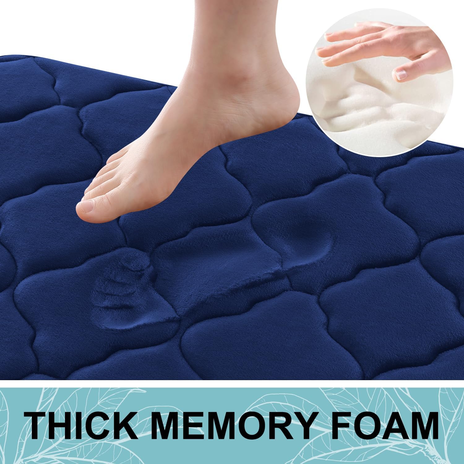 OLANLY Memory Foam Bath Rugs and Toilet Rug U-Shaped, Bath Rug Size 44x24 and Bathroom Rug Set Size 51x76+41x61+51x61U in Navy, 4 Item Bundle