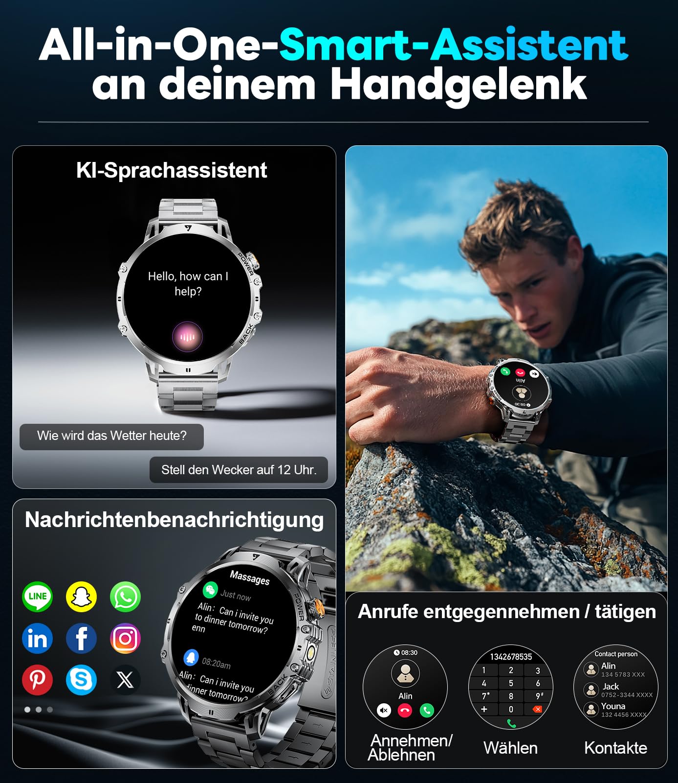 Orologio Smartwatch Uomo con Batteria da 1000 mAh, 1,85'' Ampio Schermo Smart Watch Militare con Torcia LED, Chiamate per Android iOS, Impermeabile IP68, 120 Modalità Sportive Fitness Tracker, Argent