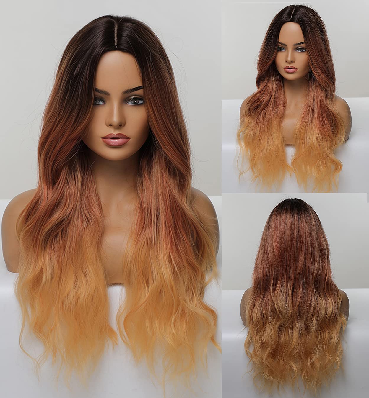 LEMEIZ Dark Ombre Auburn to Orange Wigs for Women, Synthetic Hair Wavy Wig 22 inch Long Wigs, Glueless Wig Long Wig with Middle Part, 24 inch LEMEIZ-191
