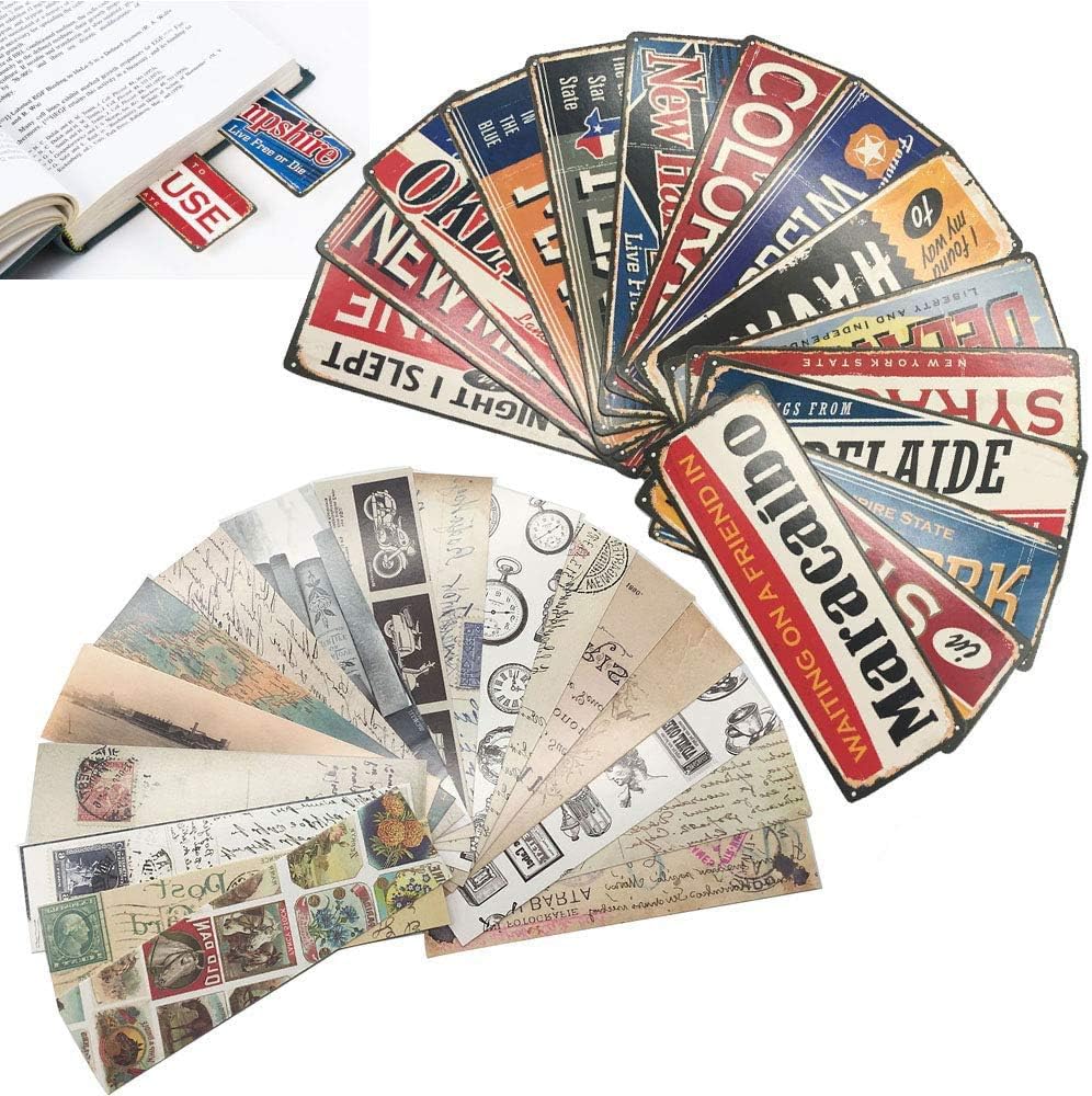 Vintage Style Bookmarks for Women Men, American Vintage Nameplate Book Marker Cards - Best Quality Bulk Set (60 Pack）