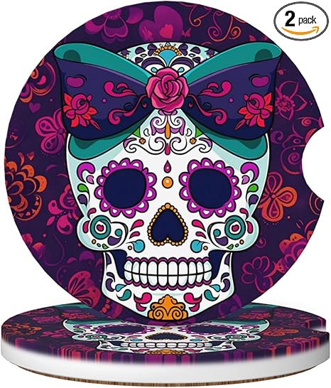 2 Pack Colorful Floral Bow Sugar Skull Car Cup Holder Coasters, 2.56 Inch Anti Slip Ceramic Absorbent Coaster with Cork Base and Finger Notch Car Accessories Interior for Women & Men