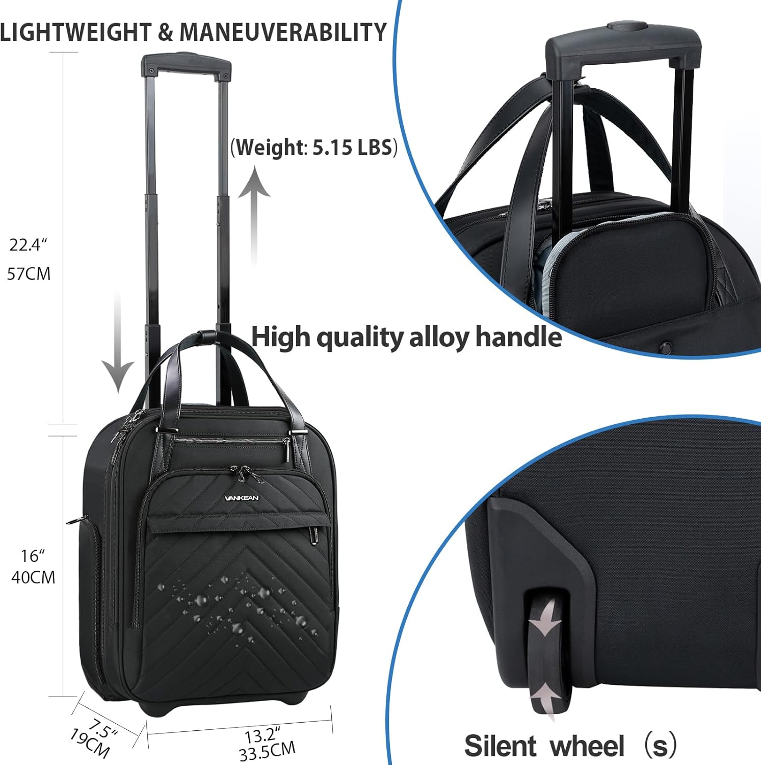 VANKEAN Carry On Underseat 16-inch Multi-functional Underseater Lightweight Overnight Suitcase with Wheels Roller Case for Women Men Travel Business, Black