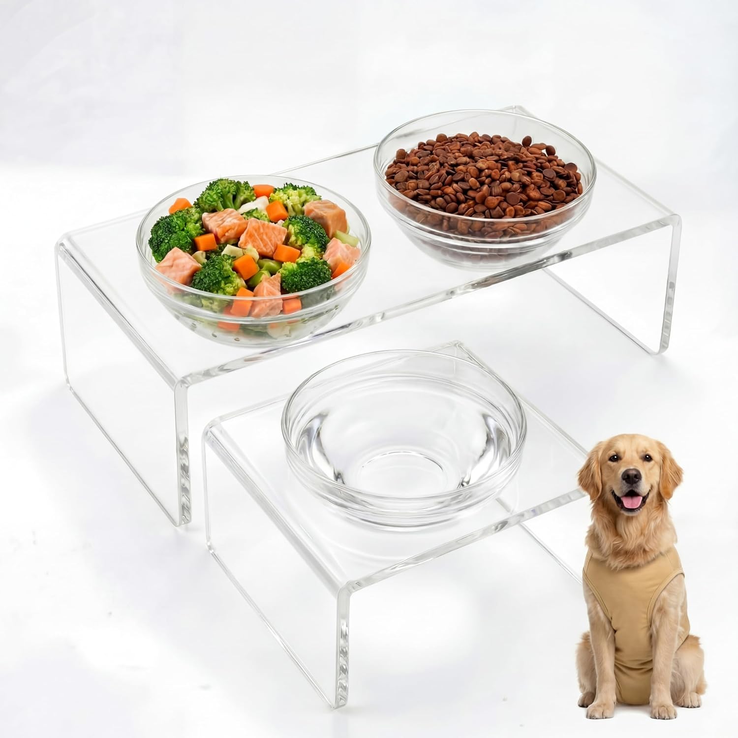 Raised Dog Bowl Stand, 3 Bowl Elevated Dog Feeder for Medium Dogs, Clear Acrylic Modern Feeding Station with 6 Bowls (Glass & Stainless Steel), Non Slip, Supports Better Digestion