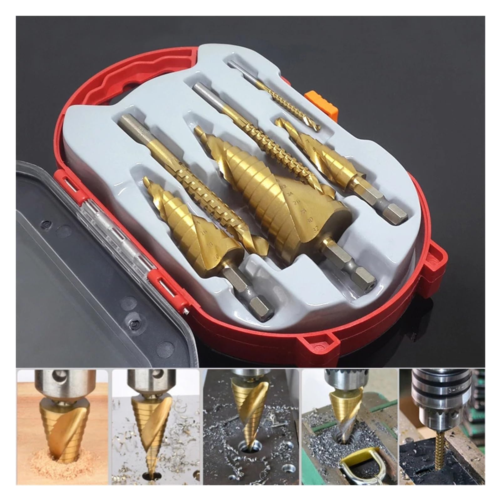 Brocas helicoidales de sierra escalonada recubiertas titanio 5 piezas | Juego de brocas multiusos for trabajos diarios de perforación en metal y madera.(E3)