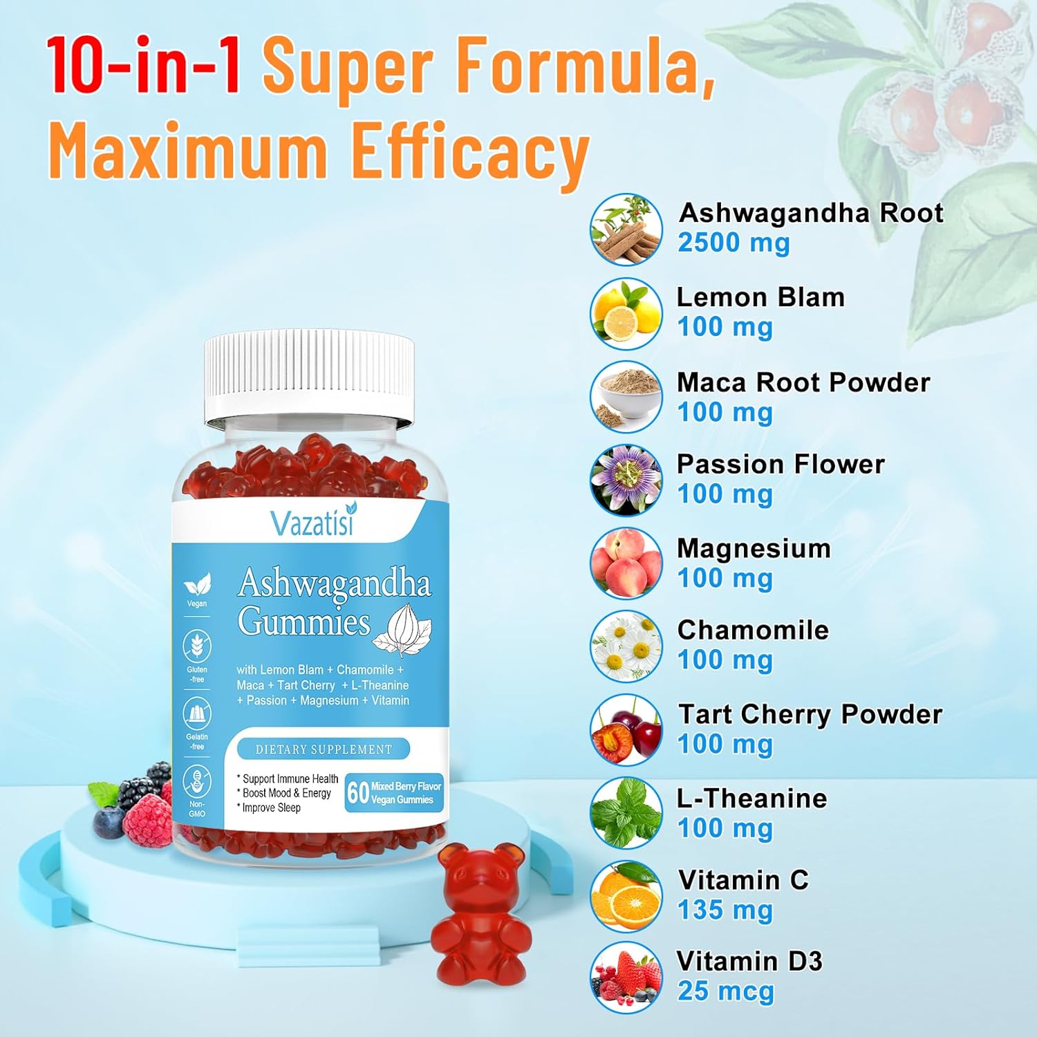 2 Pack Ashwagandha Gummies for Women Men, Sugar Free Organic Ashwagandha Gummies Supplement for Relax Restore Balance, Vegan Gluten Free, 120 Count - Image 4