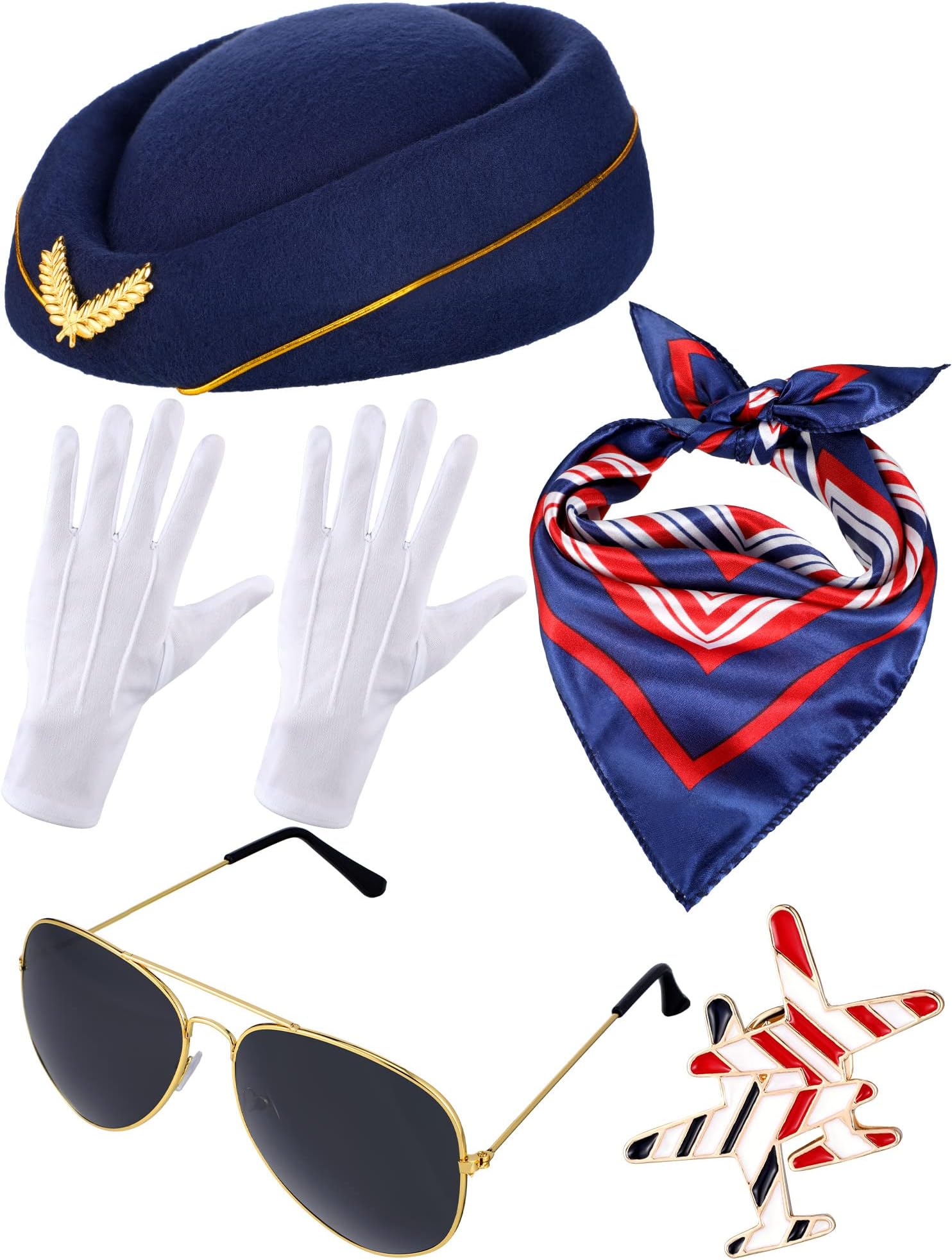 Bencailor 6 Pcs Women's Flight Attendant Costume Accessories Stewardess Outfits Flight Attendant Hat Sunglasses Scarf Gloves