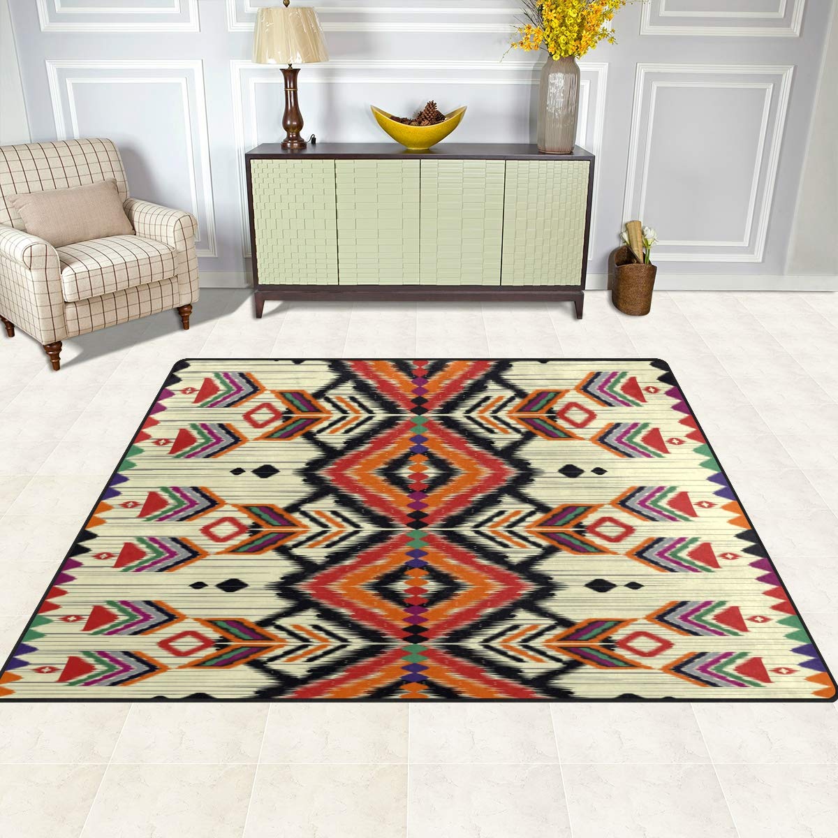Tapis géométrique ethnique aztèque vintage pour salon ou chambre à coucher 203 x 147,3 cm