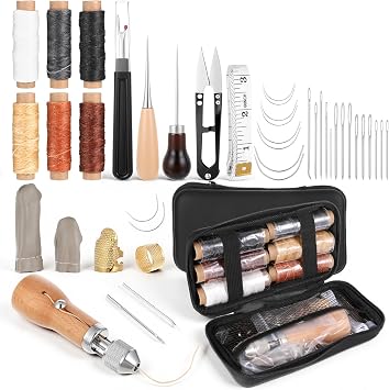 SHENLIU 40 Pcs Sewing Awl Kit with Bag, Leather Sewing Thread, Waxed Thread Kit Quick Sewings, Portable Awl Tool Sewings Sew Repair Kits Supplies for DIY Leather Sew Repair Craft