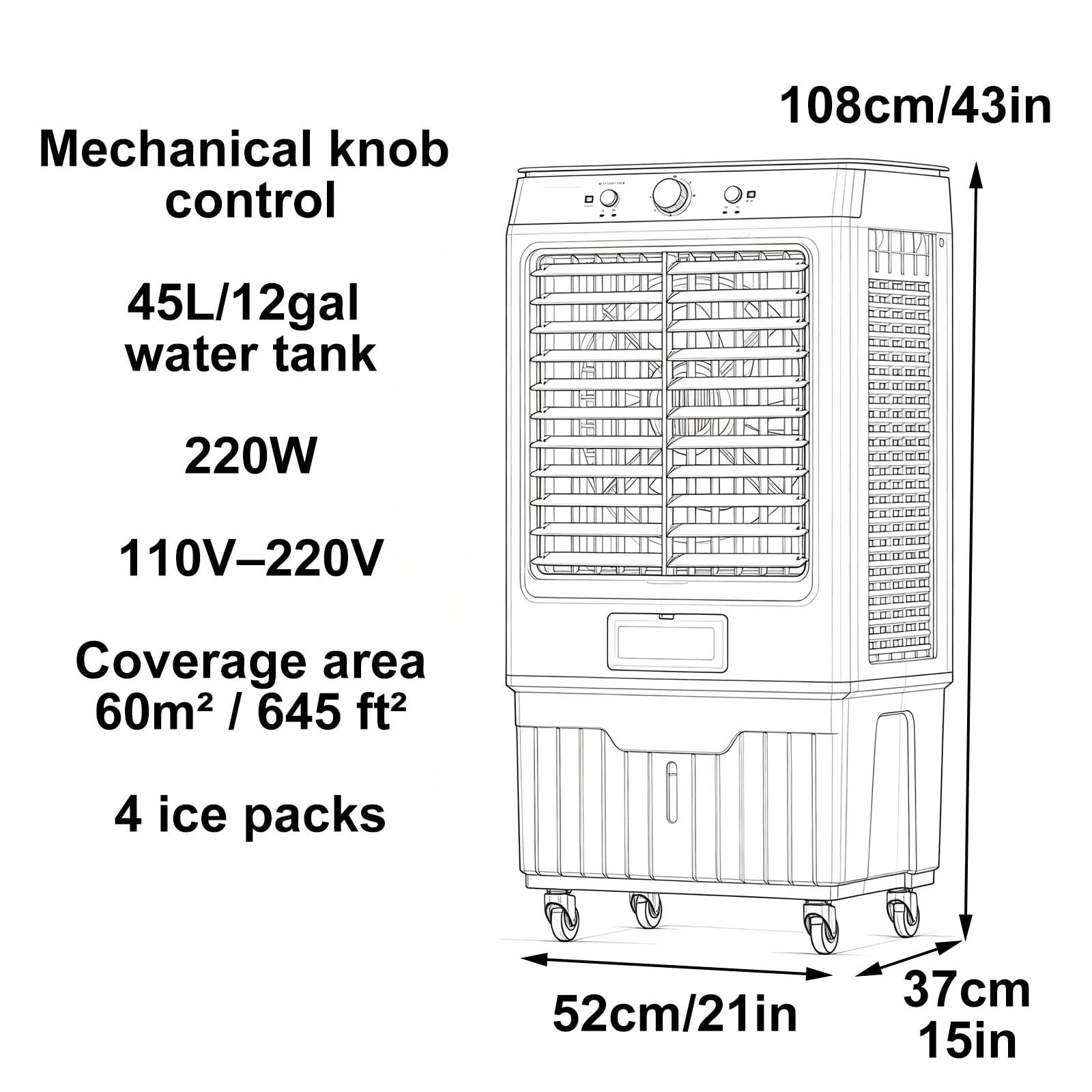 Enfriador de Aire Evaporativo Climatizador Portátil Gran Tanque de Agua | Cuerpo de Plástico, 220W, Doble Tanque de Agua, 4 Cajas de Hielo, 4 Ruedas Giratorias, Azul