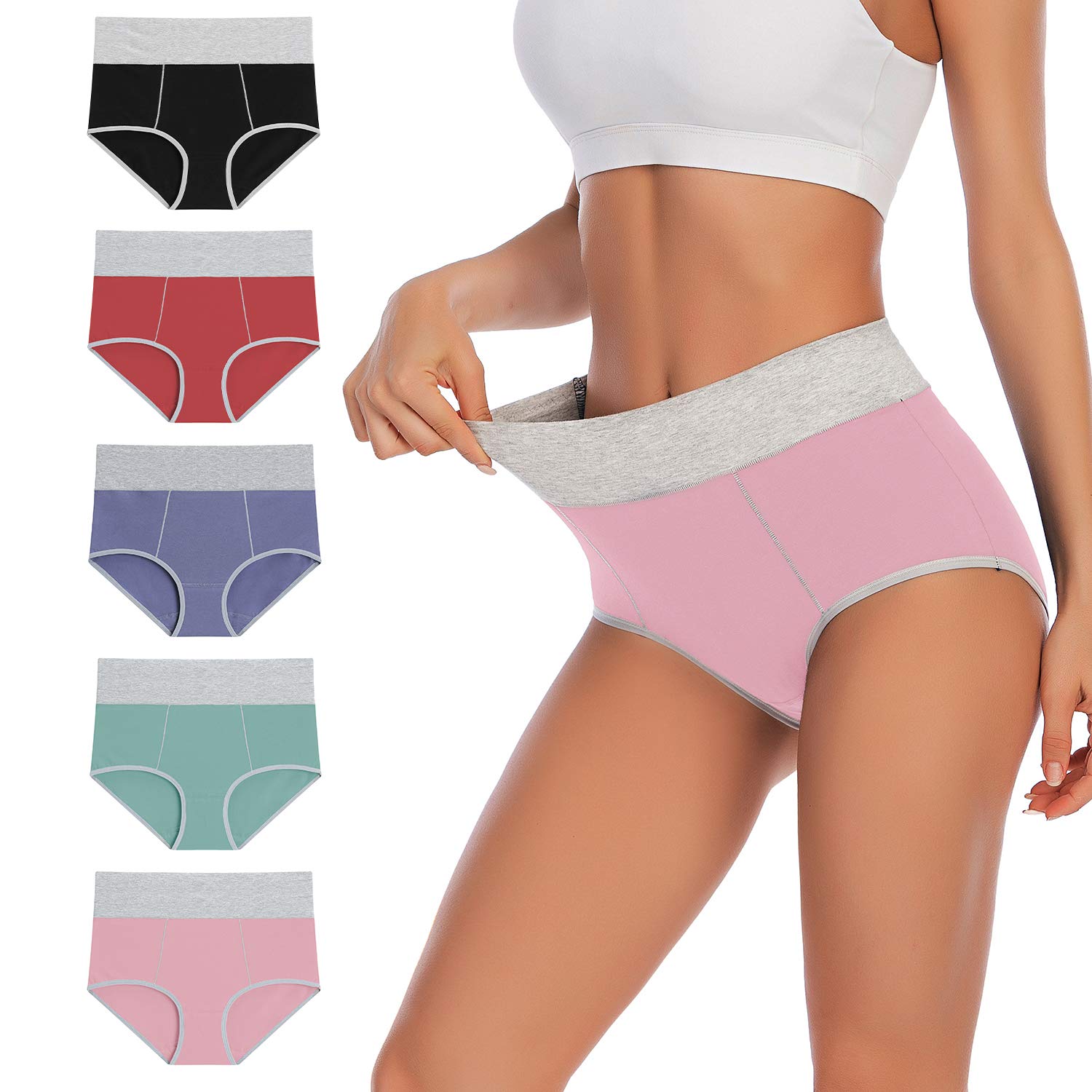 YaShaerWomen's Cotton Underwear High Waist Stretch Briefs Soft Underpants Ladies Full Coverage Panties 5 Pack