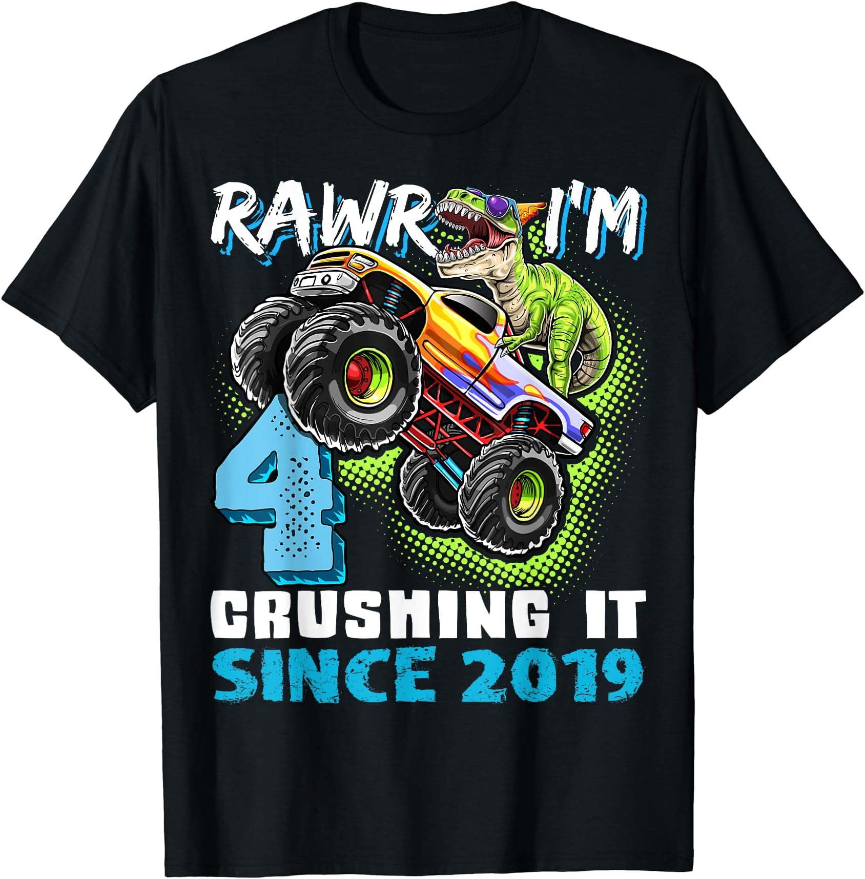 Monster Truck Dinosaur Birthday ApparelRawr I'm 4 Monster Truck Dinosaur 4th Birthday Party Boys T-Shirt