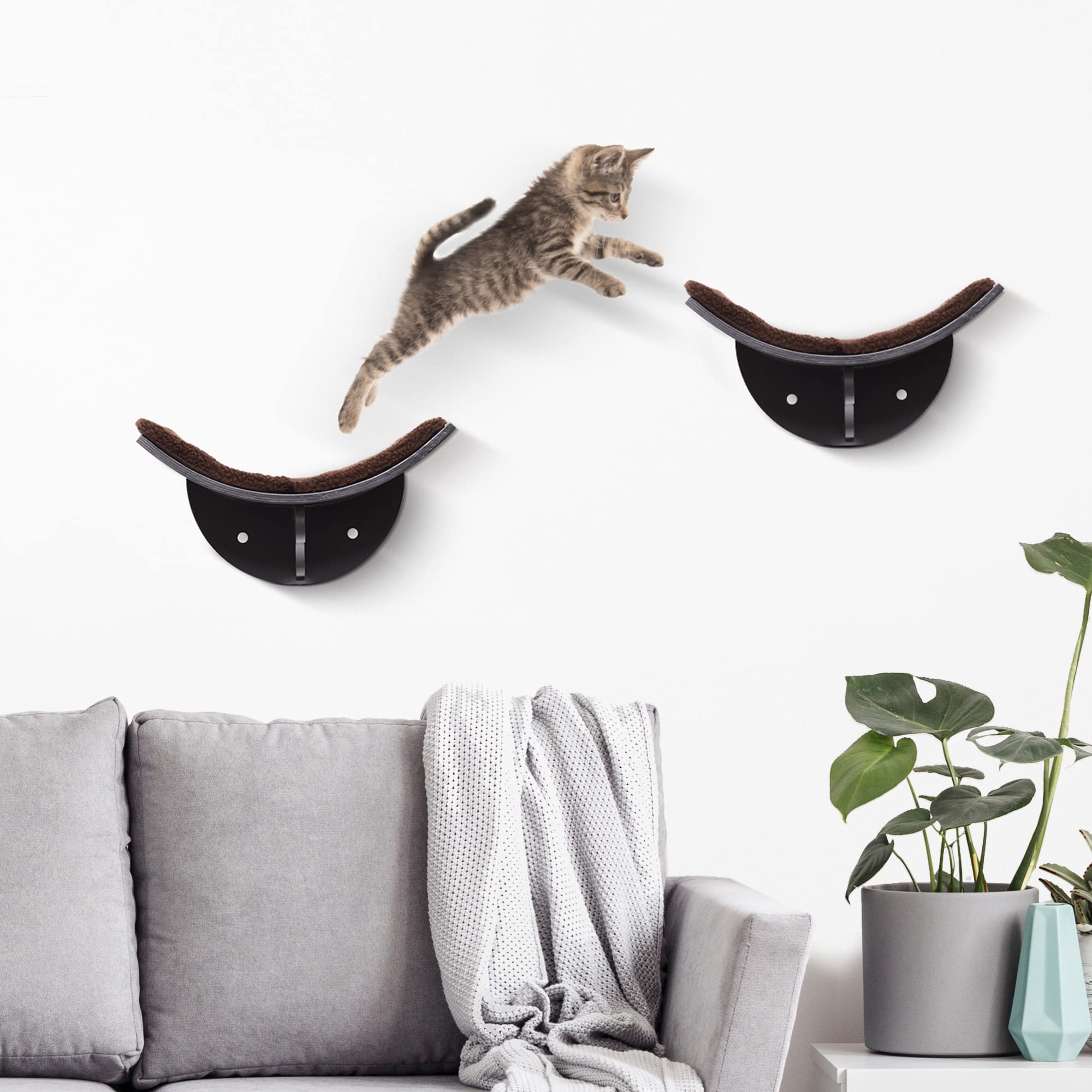 PwaHut Kletterwand Katzen Katzen Kletterwand Katzenregal, Wandmontage Plüschauflage, Wand Katzenmöbel bis zu 4,5 kg, Braun