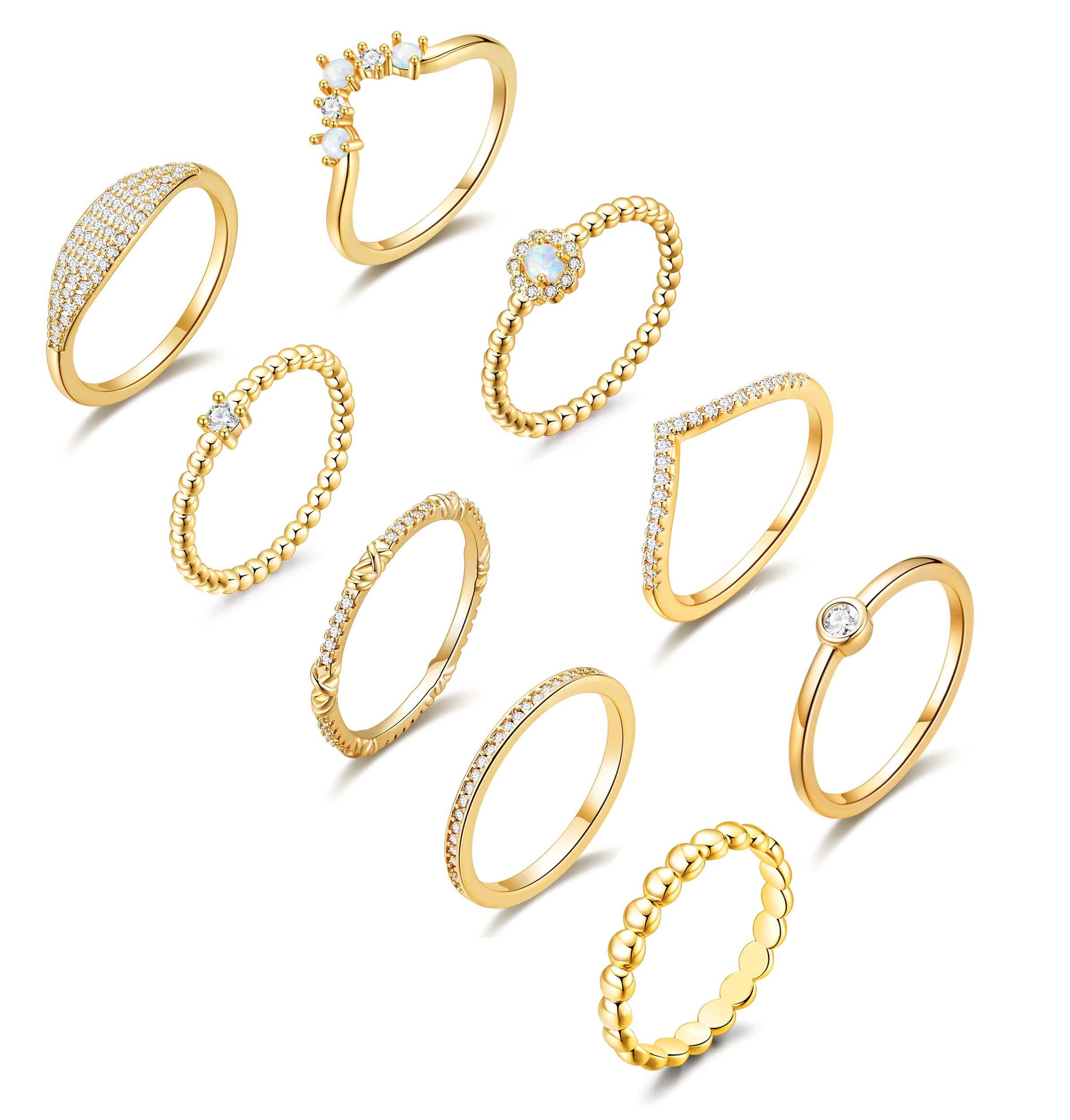 PLOMFOV14K Silver Plate Stacking Rings Set for Women V Opal Flower CZ Rings Simple Thumb Thin Stackable Rings Silver Statement Rings Plain Band Size 4-11