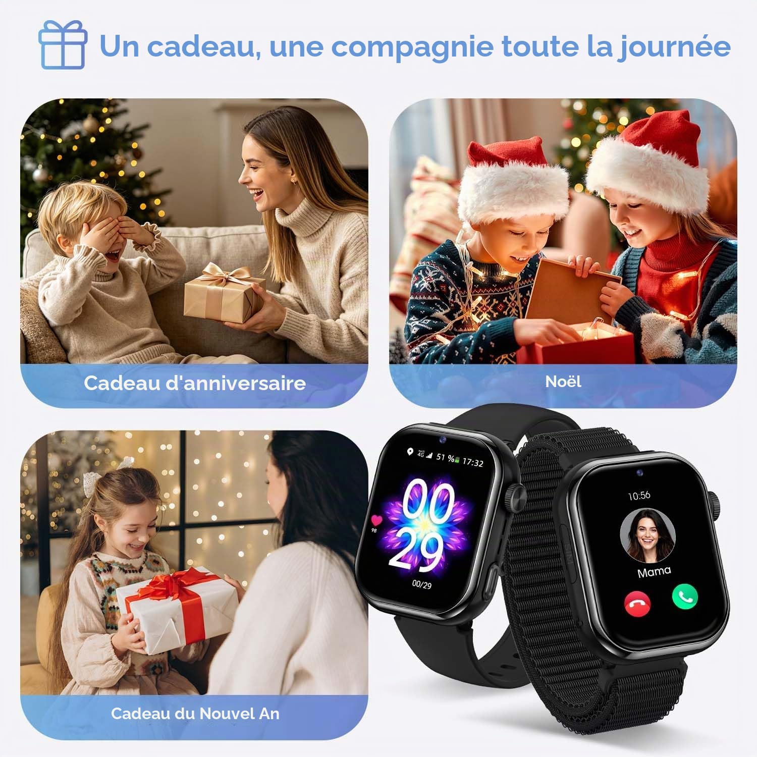 4G Montre Connectée Enfant, Montre Telephone Enfant avec GPS, Appel Vidéo, Chat Vocal, SOS, Mode Classe, Double Caméra, Lampe Torche, IP68, Podomètre, Réveil, Cadeau pour Filles Garçons, Noir