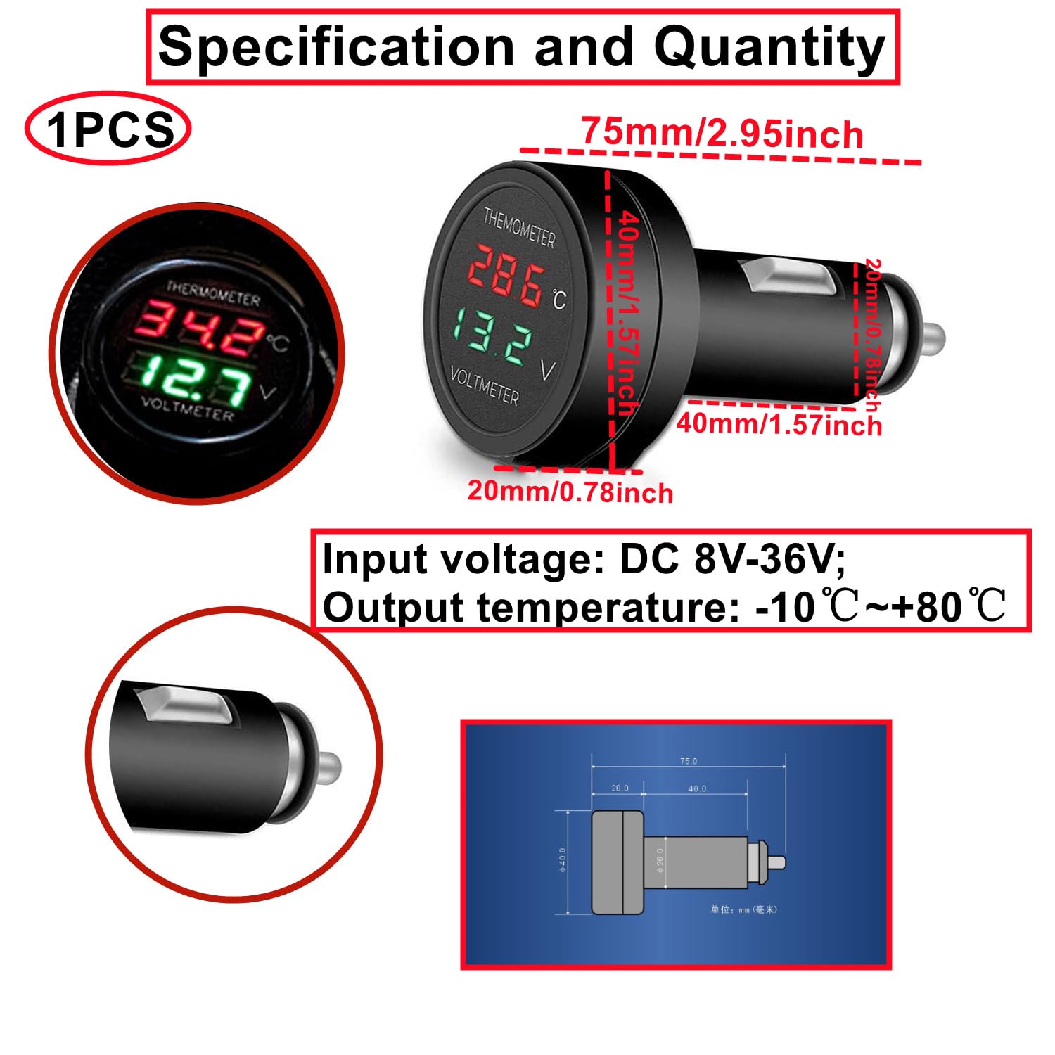 Voltmètre Numérique Voiture + Thermomètre DC 8-36V - Surveillance Tension Et Température LED