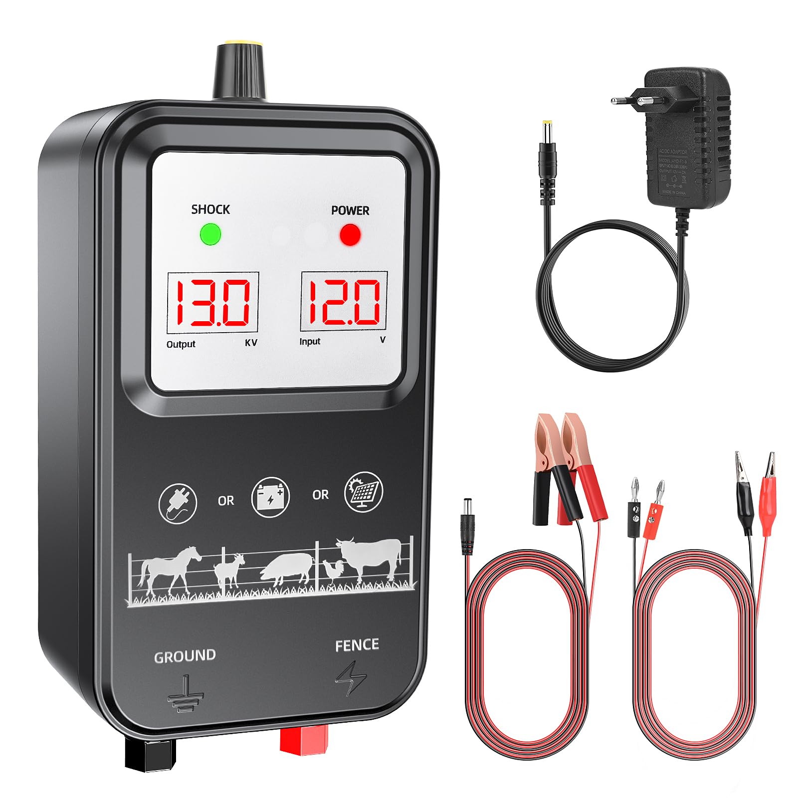 15 KM Cerca Eléctrica para Animales, Voltaje ajustable 7-13KV Energizador de Cerca Eléctrica 2J con Pantalla LCD, Controlador de Pulso de Alto Voltaje, Cerca Eléctrica Segura para Granjas, Pastos