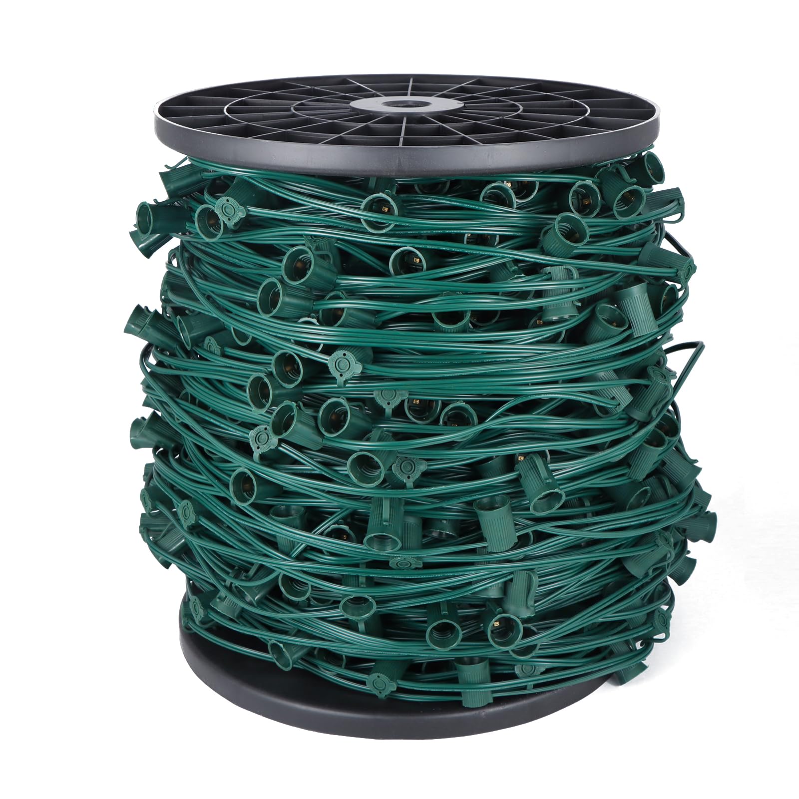 Encoidoz 1000FT C9 Outdoor String Light Stringer, E17-12 Socket Spacing, C9 Christmas Stringer Set Spool Green Light String for Wedding Patio Event Lighting Decor, Green Wire