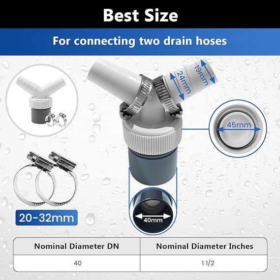 Washing Machine Drain Adapter Washing Machine Hose Connector Drain Adaptor for Dishwasher 19-24 mm Double Connection Pipe with Hose Clamp for Dishwasher Tumble (Double Head + 2 Clamps)