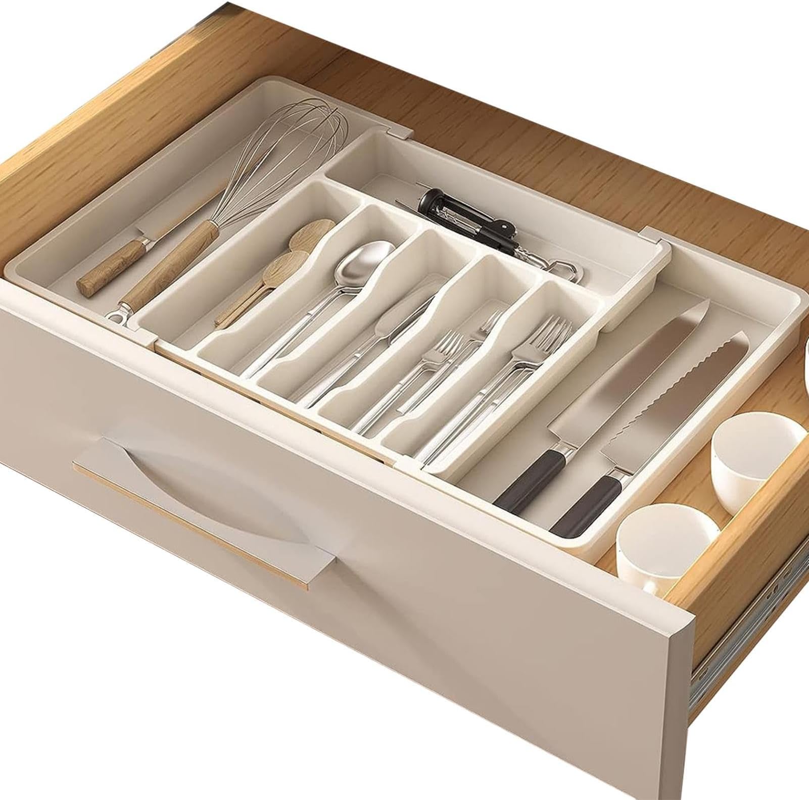 Silverware Organizer Box, Expandable Utensil Tray Drawer Organizer, Silverware Holder Cutlery Storage, Adjustable Flatware Drawer for Kitchen, Compact Storage for Kniife Fork Spoon, Cutlery Set Holder