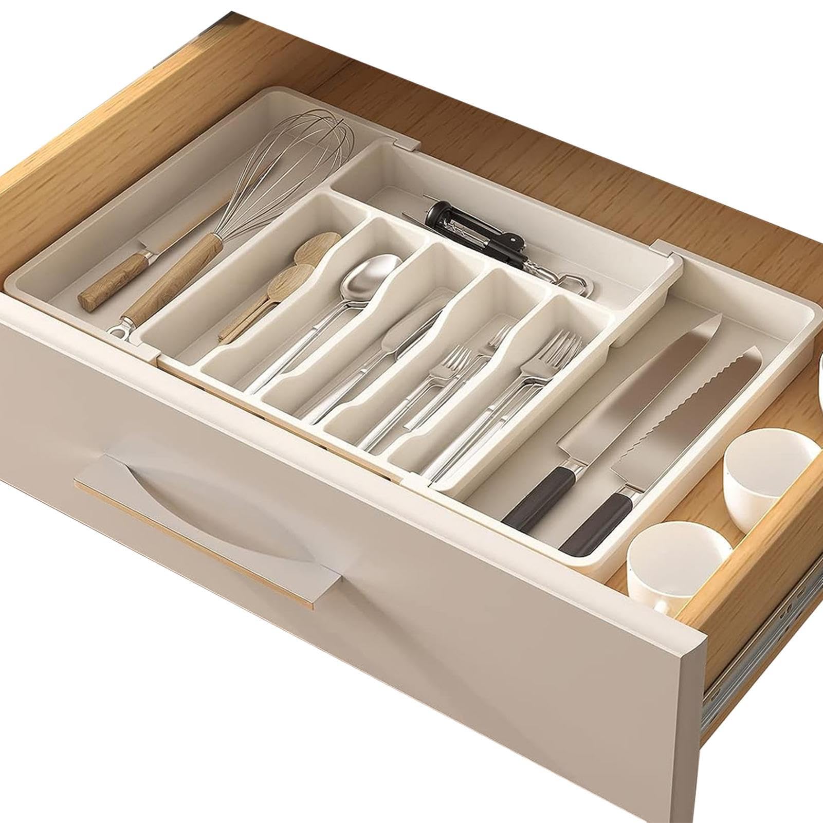 Silverware Organizer Box, Expandable Utensil Tray Drawer Organizer, Silverware Holder Cutlery Storage, Adjustable Flatware Drawer for Kitchen, Compact Storage for Kniife Fork Spoon, Cutlery Set Holder