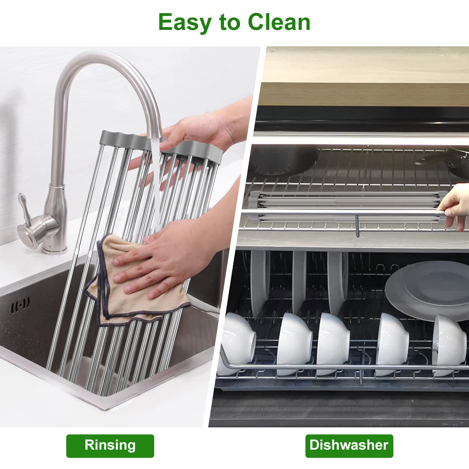 Scolapiatti estensibile arrotolabile, 60 cm di lunghezza x 40 cm di larghezza, in acciaio inox, con rivestimento in silicone, antiscivolo, pieghevole, multiuso, scolapiatti per lavello da