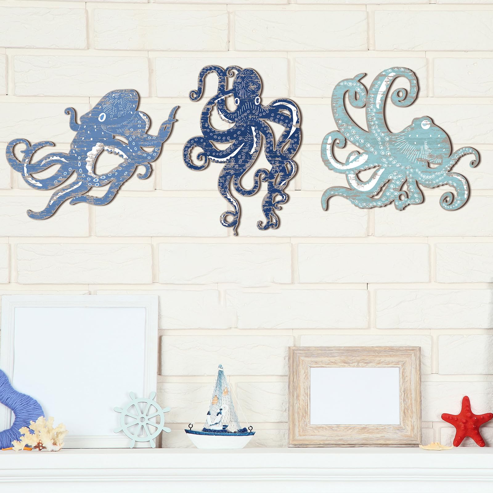 Vercraft Oktopus Wanddekoration Aus Holz – Set Mit 3 Teilen, Nautischer Deko Für Drinnen & Draußen