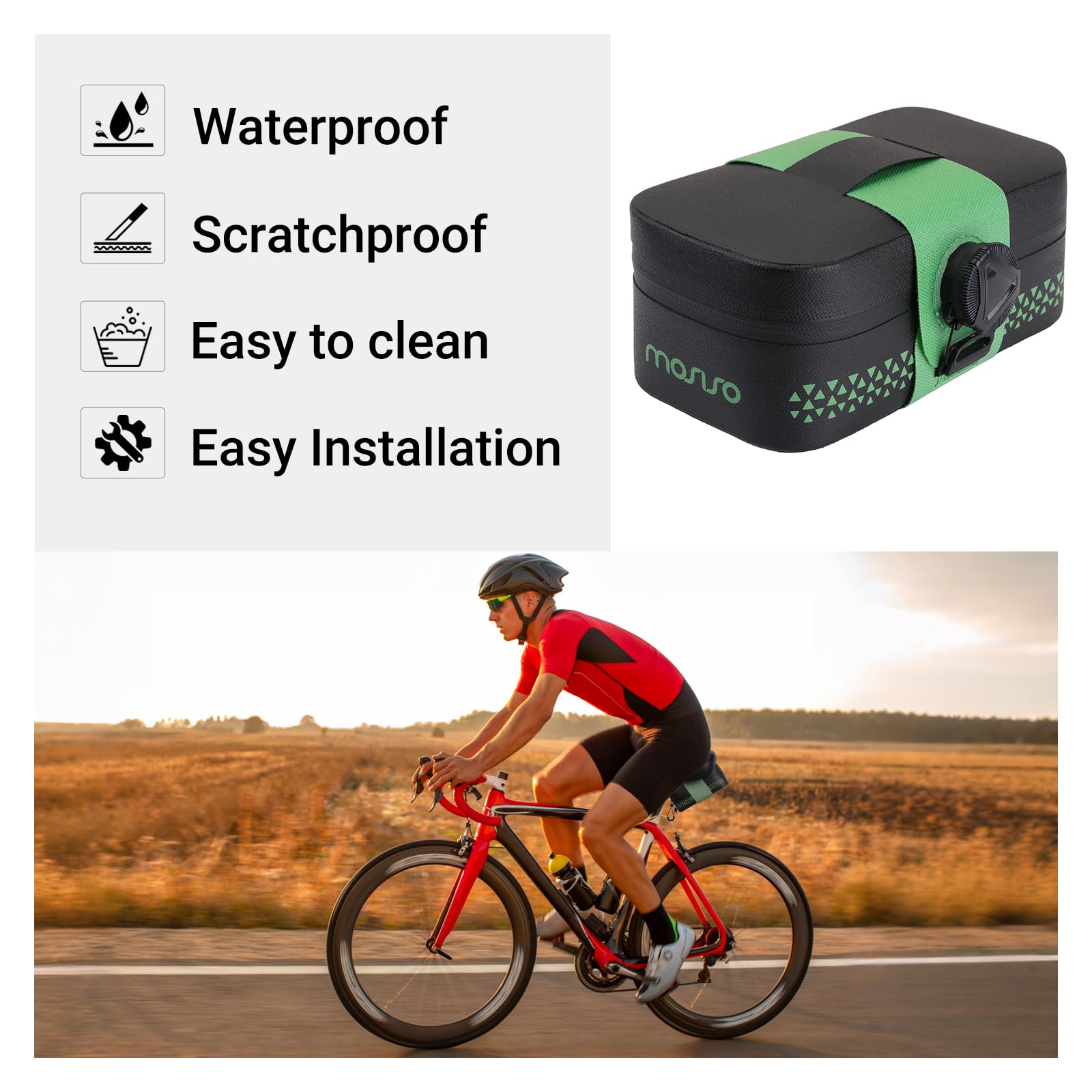 MOSISO Borsa da Sella Bici, Borsa Sottosella Impermeabile da 0,5 L, Borsa da Telaio Leggera per Accessori Ciclismo, per Ciclismo su Strada, Nero e Verde