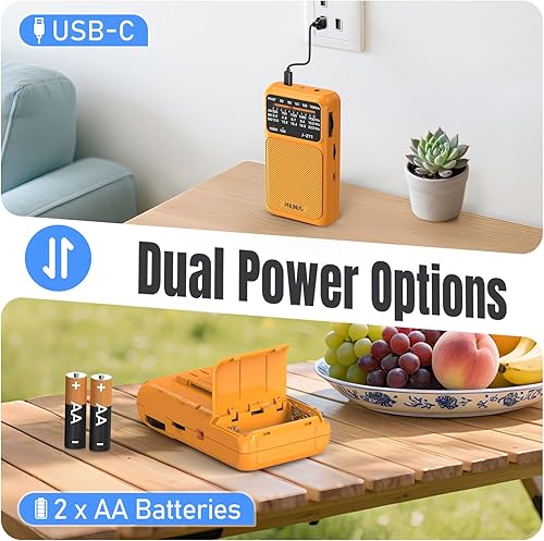 Miniatura 2 de PRUNUS J-211 Radio portátil AM FM con carga USB y batería AA, radio transistor, recepción fuerte y altavoz claro, conector para auriculares, clip