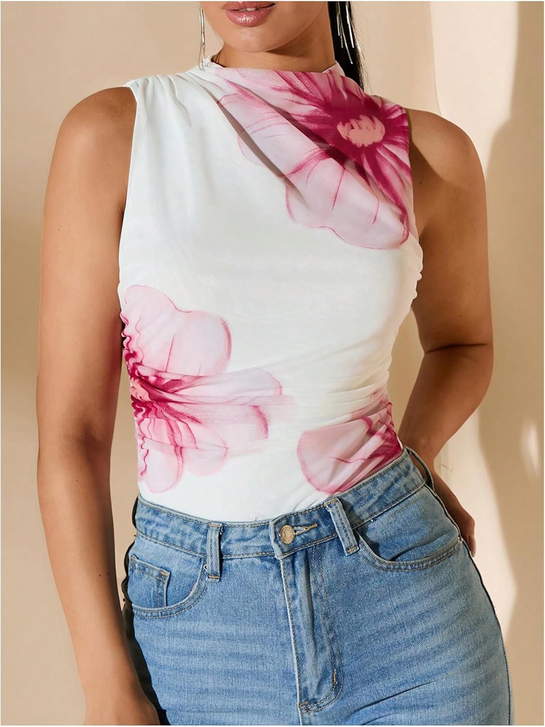 Milumia Women's Tie Dye Mesh Bodysuits Sleeveless Mock Neck Ruched Body Suit - Image 5