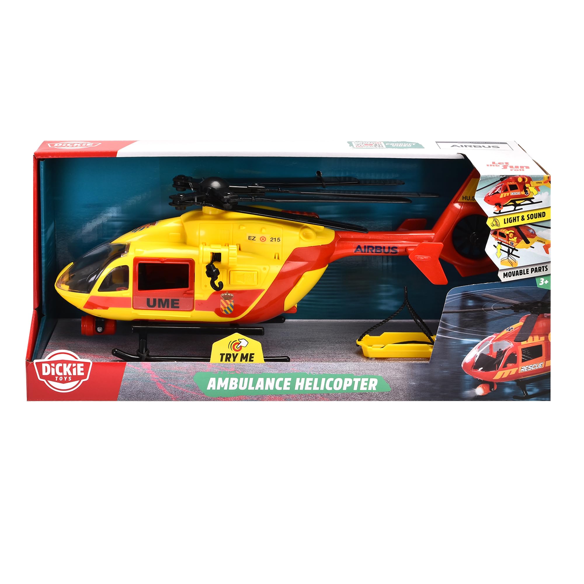 Dickie Toys - UME Rettungshubschrauber 36cm, Spielzeug Hubschrauber, Propeller an Seil, Licht und Ton, Trage, Spielzeug Kinder Mädchen ab 3 Jahren (203716024SI5)