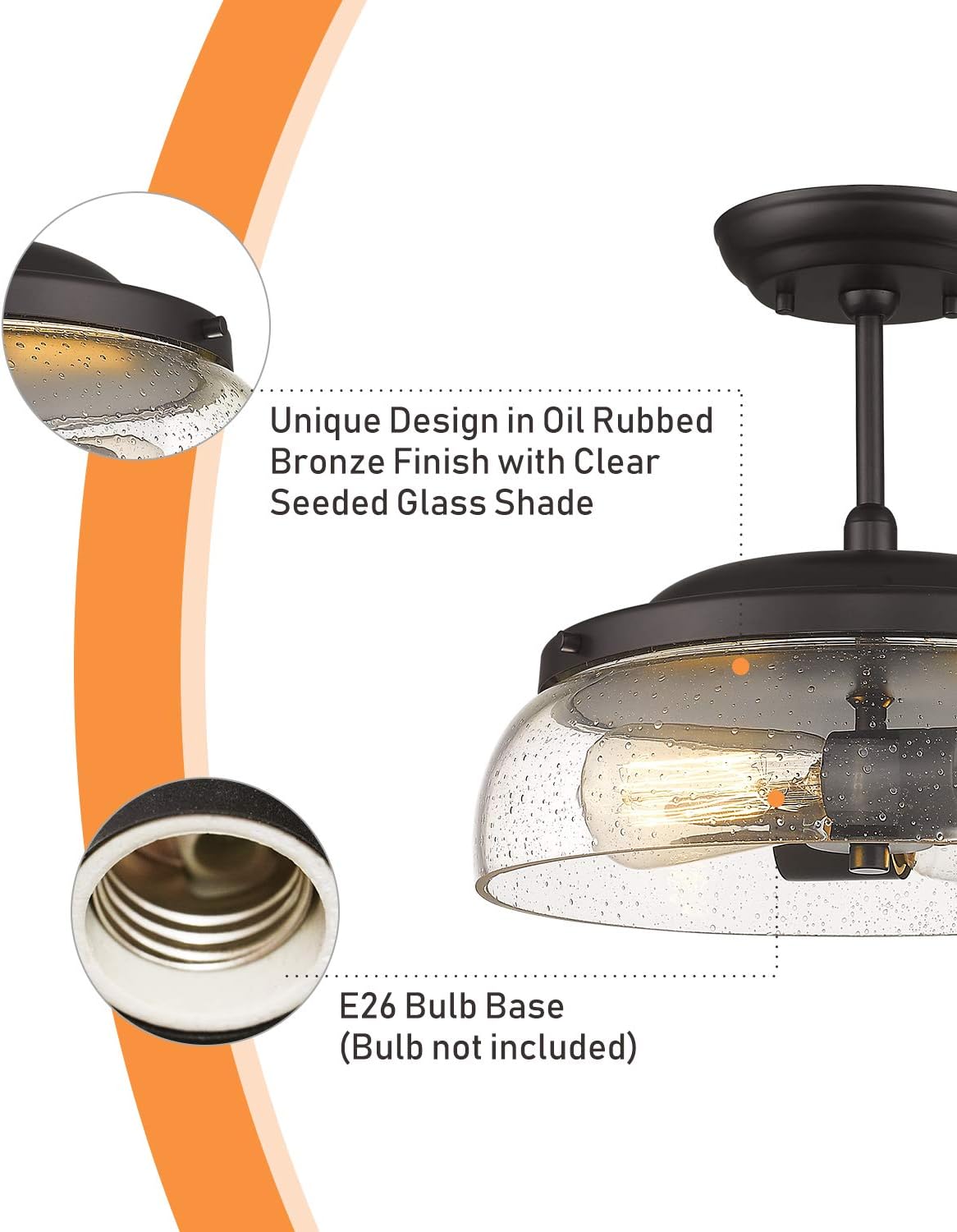 EAPUDUN Semi Flush Mount Ceiling Light, 2-Light Modern Light Fixture with Seeded Glass Shade, Oil Rubbed Bronze Finish for Hallway Corridor Kitchen Bathroom Bedroom Passway, SMA1124-ORB