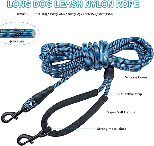 Miniatura 5 de BTINESFUL Correa larga para perro, correa de entrenamiento para perros de 1015203050 pies con mango suave, cuerda reflectante resistente para perros