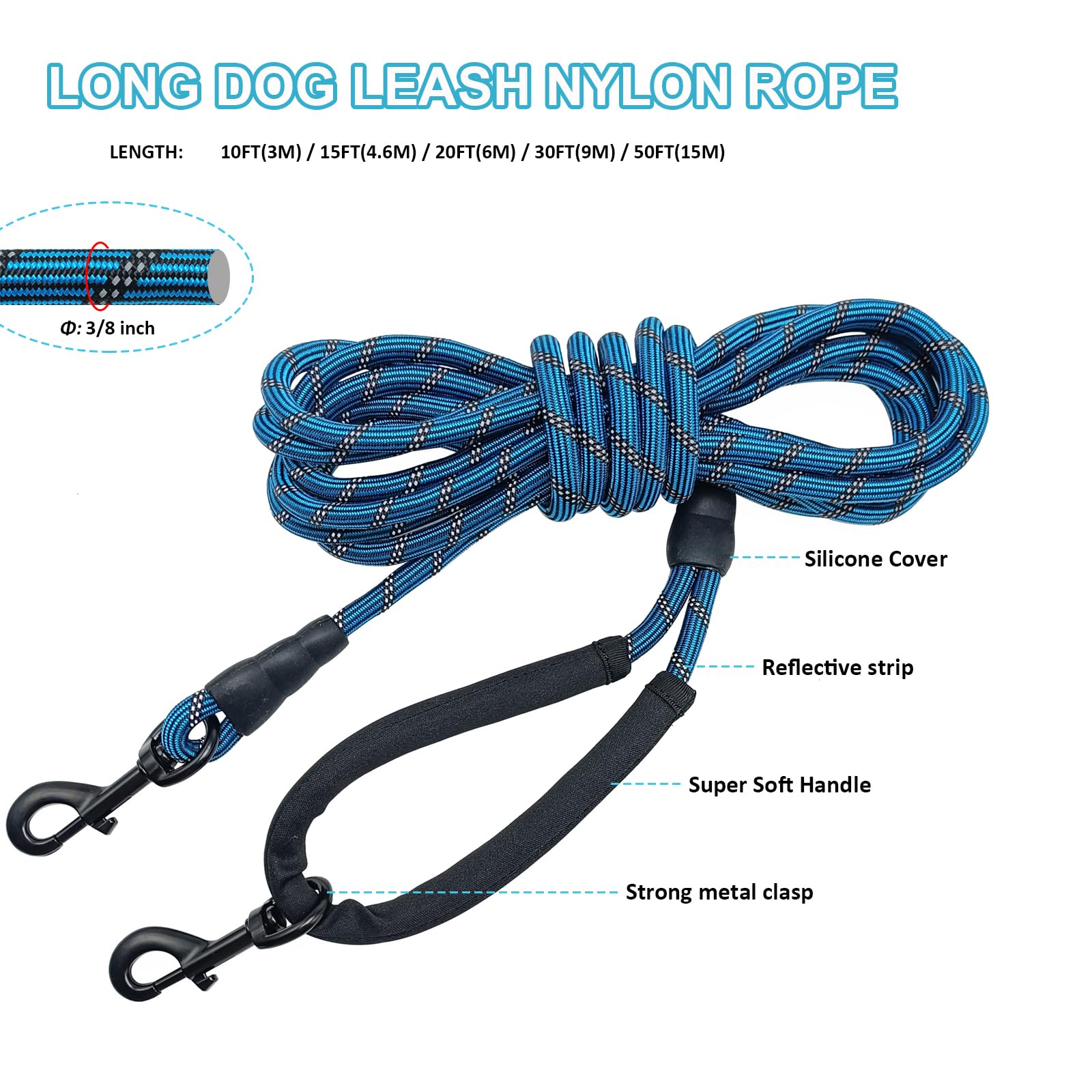 BTINESFUL Long Dog Leash, 10/15/20/30/50FT Dog Training Leash with Soft Handle, Reflective Heavy Duty Rope Dog Lead for Medium Large Dogs Outside Play, Camping (3/8" x 10ft, Blue) - image 5