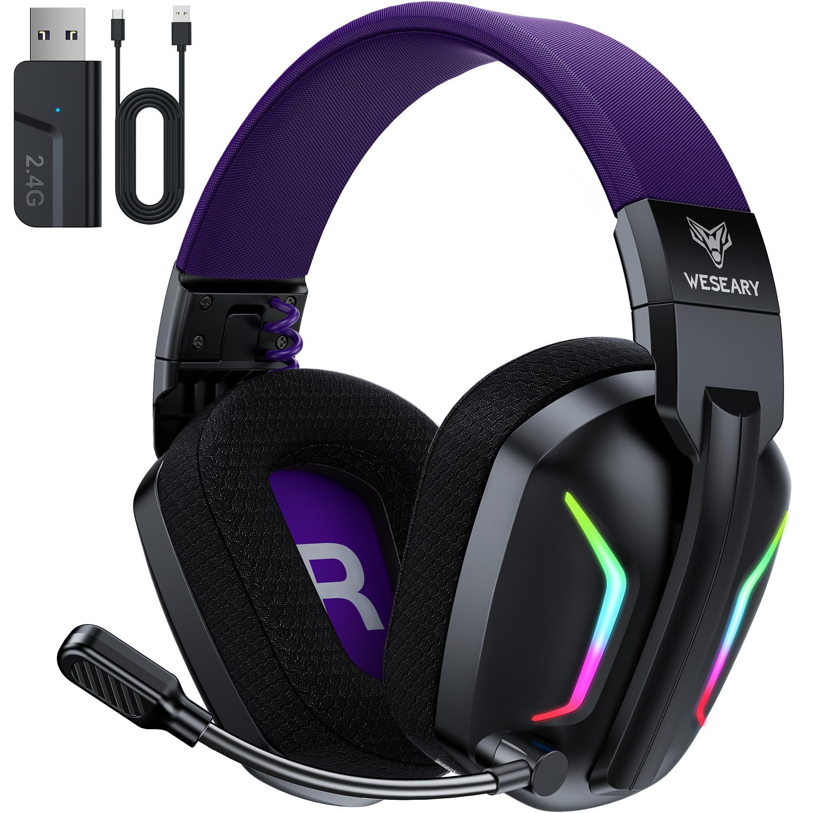 WESEARY WG1 Cuffie Gaming Wireless, 2,4 GHz Cuffie Gaming con Microfono per PS5, PS4, PC, Switch, Mac, Mobile, Cuffie PS5 con Stereo, Cuffie Bluetooth Over Ear con Luce RGB, Batteria da 50 Ore