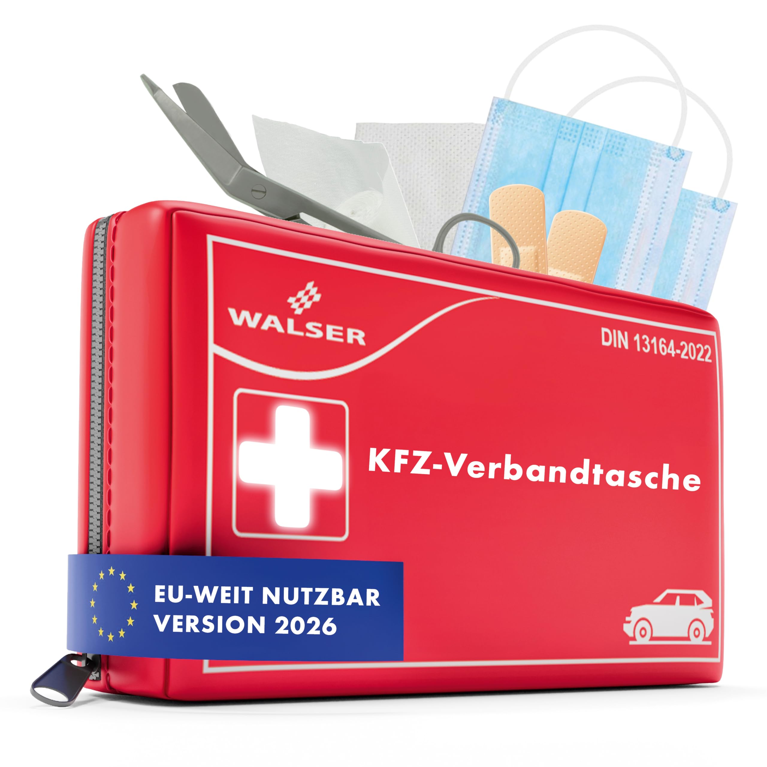 WALSER Erste Hilfe Set Auto 2026, Verbandskasten Auto Auszeichnung Sehr Gut*, KFZ Verbandskasten 2026 europaweit nutzbar Erste Hilfe Kasten, KFZ Verbandstasche, Erste-Hilfe-Set Verbandkasten DIN 13164