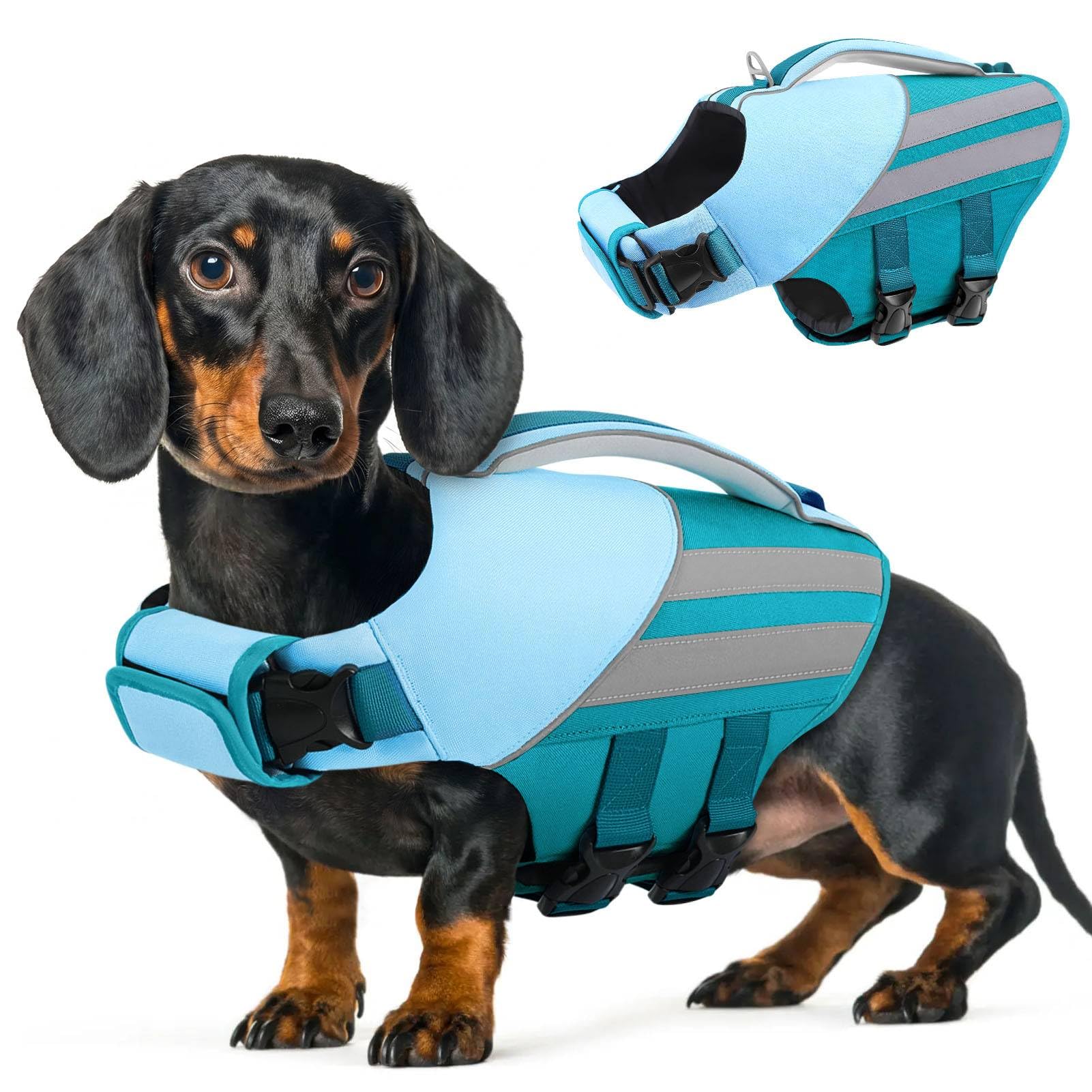Queenmore Chaleco Salvavidas Perro Pequeño Ajustable & Reflectante Flotador Perro con Asa De Rescate Chaleco Perros Agua para Dachshund (Teckel), Cockapoo, Caniche Toy, Cachorros, Teal, S