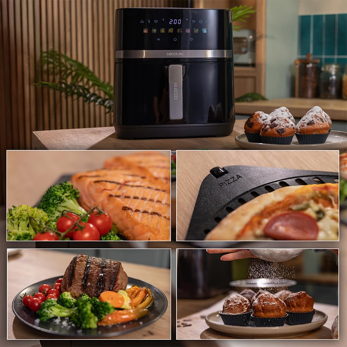 Cecotec Friggitrice ad Aria 8 L con Doppio Grill Cecofry&Grill Duoheat 8000 Hot. 2200 W, Doratura Perfetta e Sapore di Griglia nelle Carni, Temperatura tra 80-200 °C, 8 Menu e Finestra