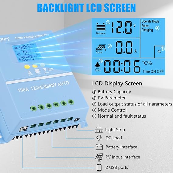 100A MPPT Solar Charge Controller Solar Panel Intelligent Regulator 12V 24V 36V 48V Dual USB Ports Max 100V Input for Lead-Acid/Lithium, Blue