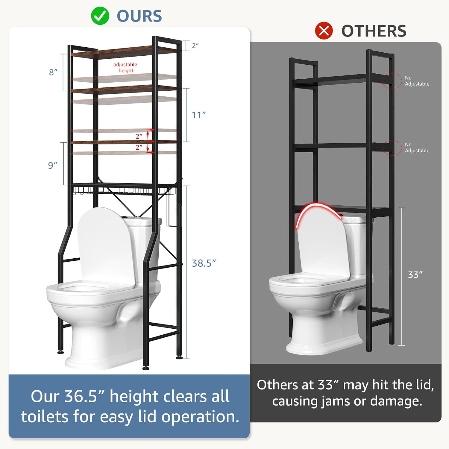DUMOS Over-The-Toilet Storage Rack, 4-Tier Durable Over Toilet Bathroom Organizer Shelf with Paper Holder & 3 Hooks & Basket, Adjustable Storage Cabinet for Room, Black