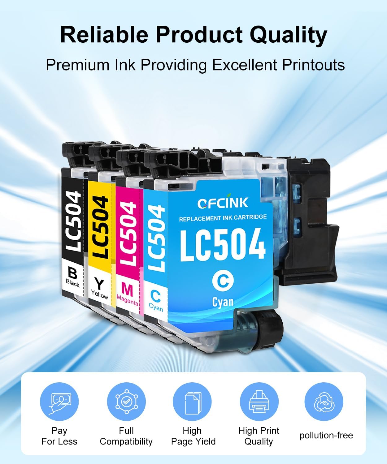 LC504 4-Pack Ink Cartridges Combo Pack Replacement for Brohter LC 504 504 High Yield Ink Cartridges Replacement for Brohter INKvestment 1355, 1365, and 1367 Printers, Black Cyan Magenta Yellow