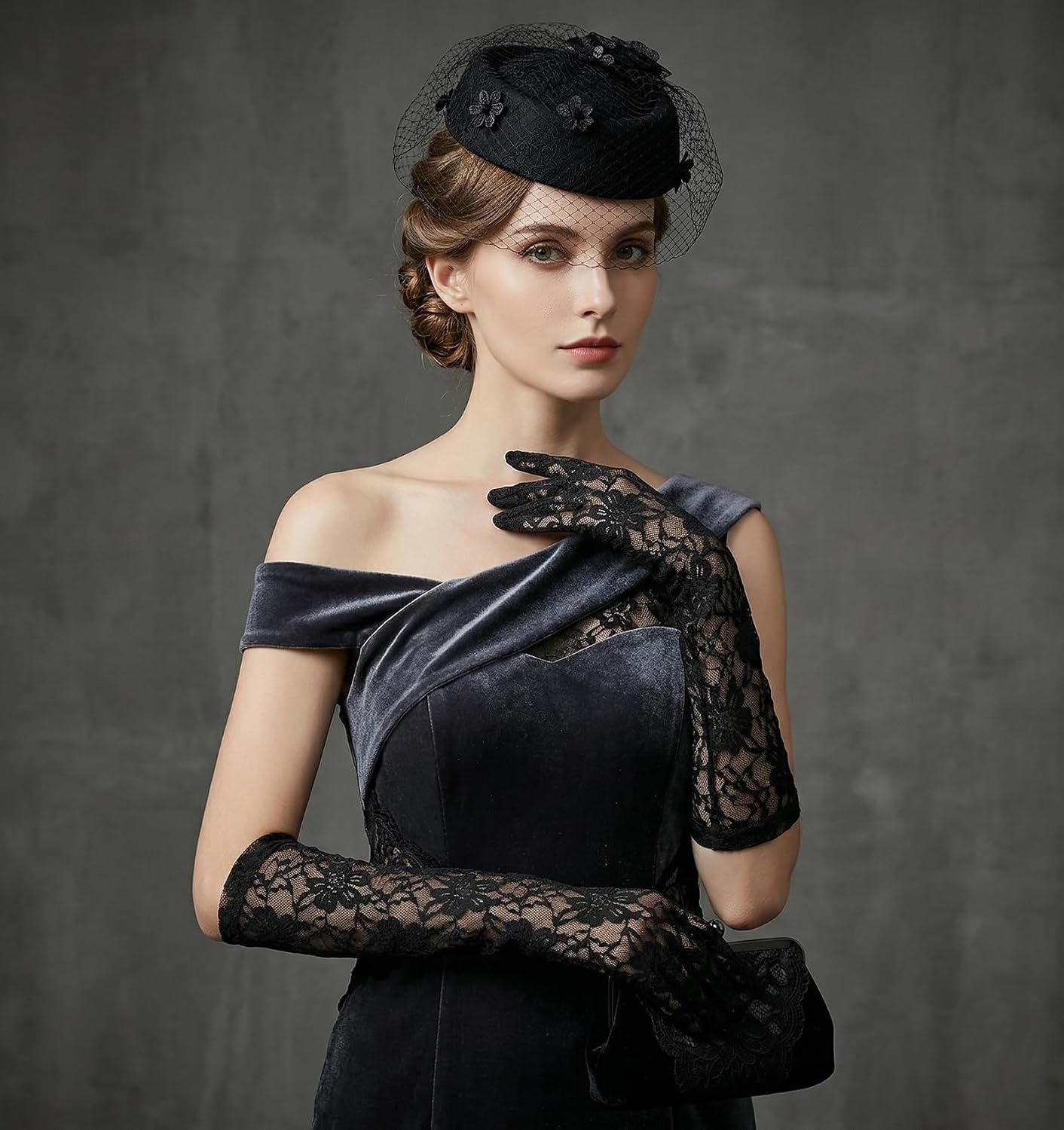 1Pair Black Gloves Women, Women's Elegant Long Lace Gloves for Dress, Tea Party & Formal Occasions